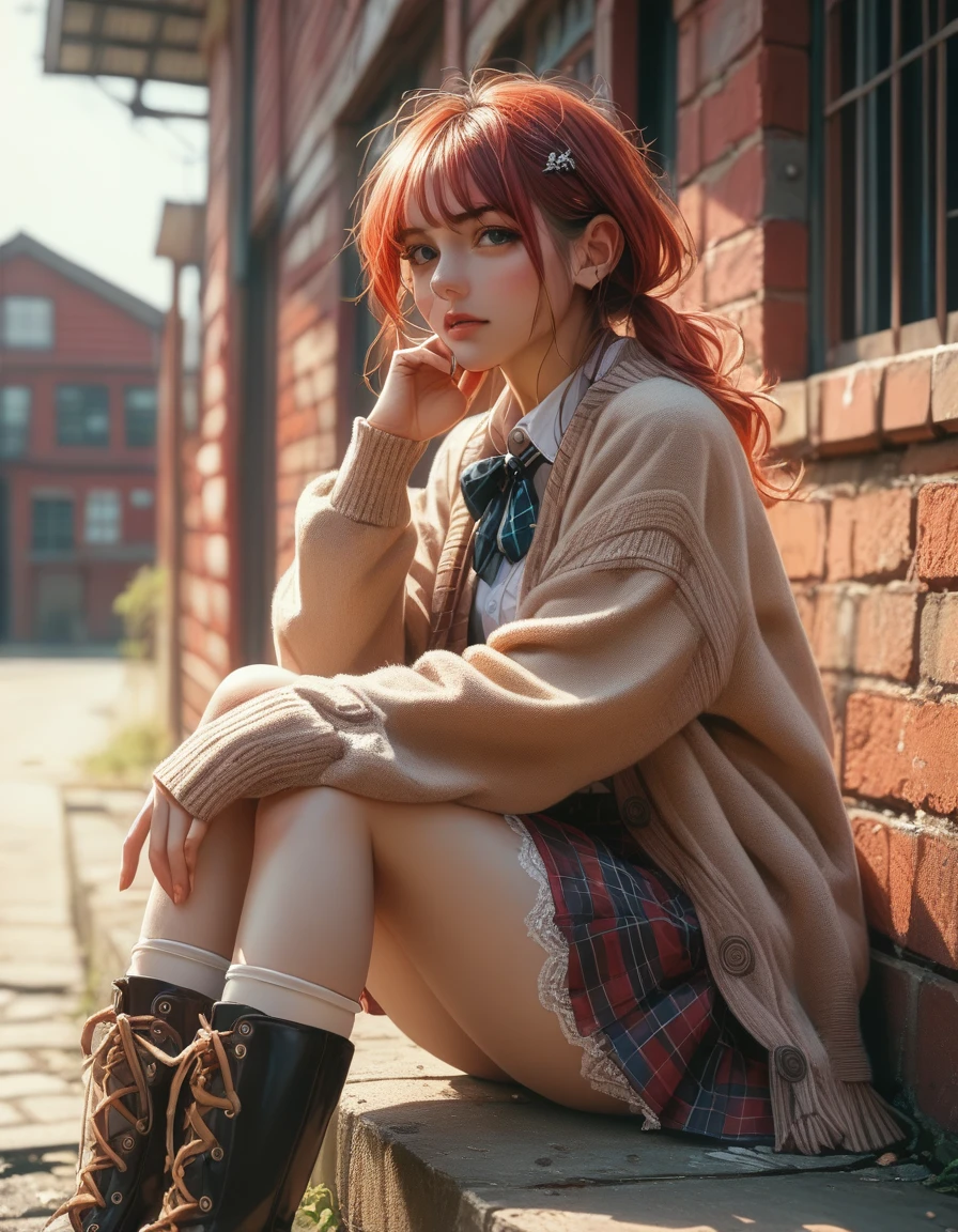 (high resolution,,portrait)（Red Brick Warehouse）1girl(( little female ) （college long cardigan 、blouse、 high waisted tartan check skirt、Backpacks、Lace-up boots））