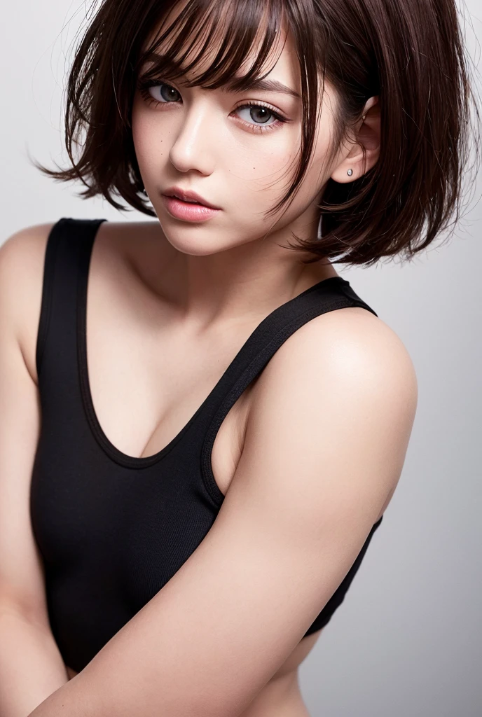 ((Extremely realistic)), ( super real), generate a highly realistic image, white backdrop,Soft studio lighting,15-year-old female,毛先ピンク色のshort bob black hair,  straight hair, I'm hiding my forehead with bangs,blue eyes,Long False Eyelashes,side view,Thick lips, Open the center of your lips、extremely detailed lips, large mouth, full, plump, Lip balm for shiny, glossy lips、Pale pink lips , transparent lip gloss,  skin texture so clear that you can see the lines of blood vessels under the skin、downy hair 、Off-the-shoulder tank top, Narrow waist ,Very thin and slender body, 