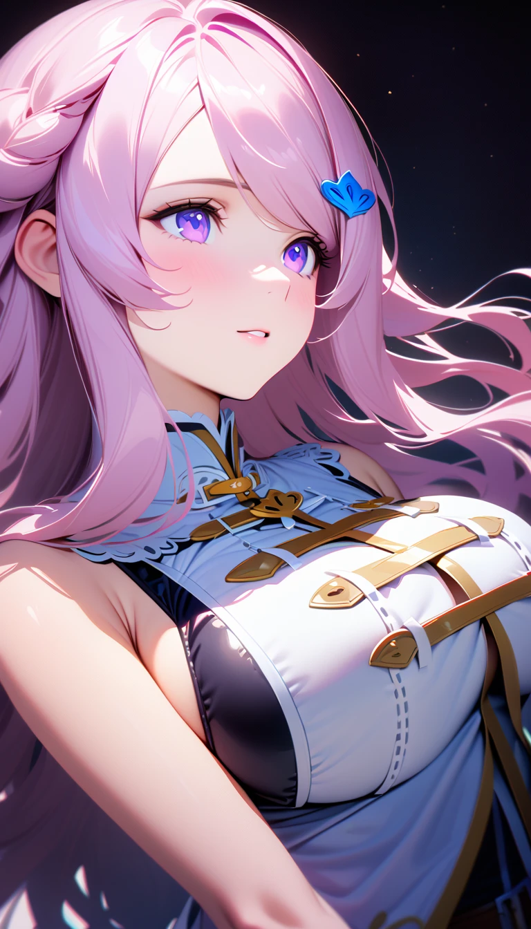 masterpiece, top quality, super detailed, 8k, detailed lighting, detailed shadows, (real:1.2), 1 girl, intricate dress, purple eyes, moderate breast, narmaya, portrait, cinematic, cleavages