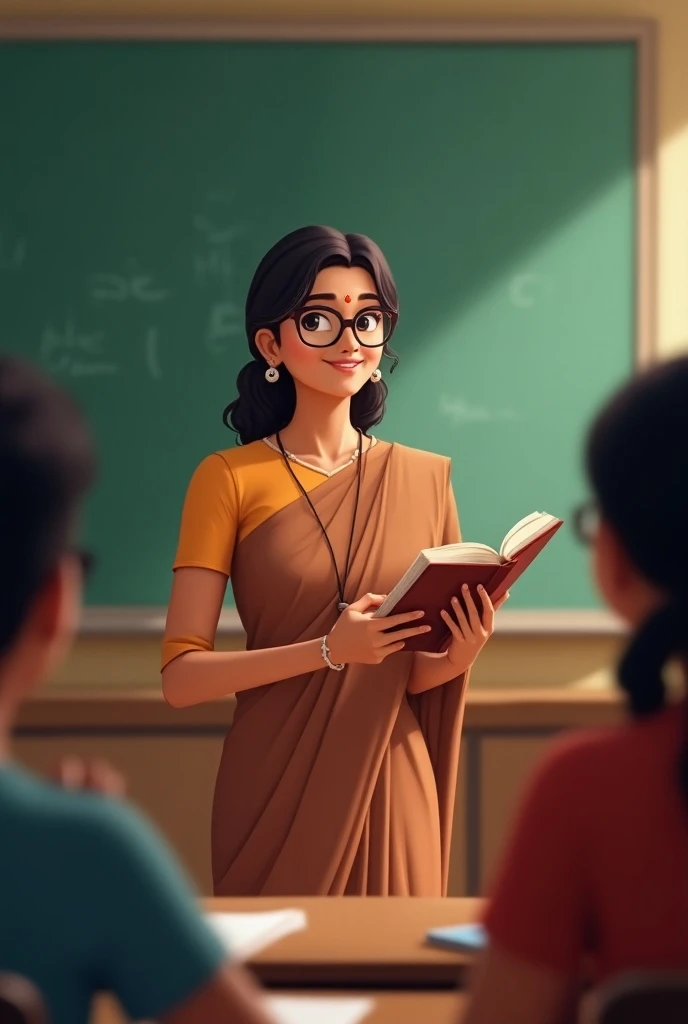 beautiful woman having sharp lifted eyebrows and mole on right cheek and dimple on left cheek, standing before green board, having chalk piece in hand and teaching in classroom for 50 students, long tied curly hair, wearing thin framed spectacles, wearing a beautiful shoulder pinned pleated pink and green saree with puffed blouse and wearing watch in right hand, looking cute and elegant, bright classroom