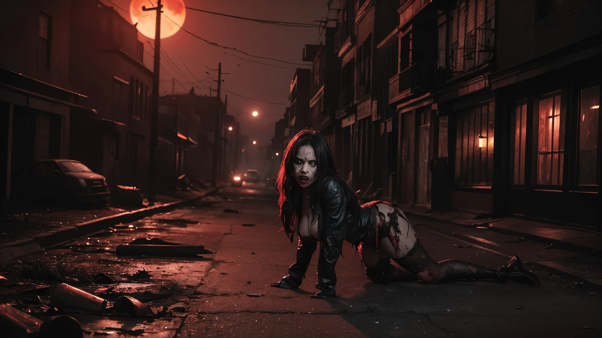 (((photorealistic:1.4))), ultra realistic, pores, (((masterpiece))),high quality, ultra details, realistic smilling white skin beautiful face pretty korean idol adult woman showing very long sharp claws black fingernails with cat tattoo and yellow slit eyes, beautiful long legs, nude with blood, naked, long red hair, cat ears and tail, black wings, holding and tongue licking ugly old man head with throat ripped, blood splatter, deep cuts and wound, blood everywhere, extreme gore, wearing no cloth with old legs, sex pose, in the empty side road, beautiful view, night, beautiful blue lamps, people arround dead on the floor with blood everywhere, gore, side camera view,