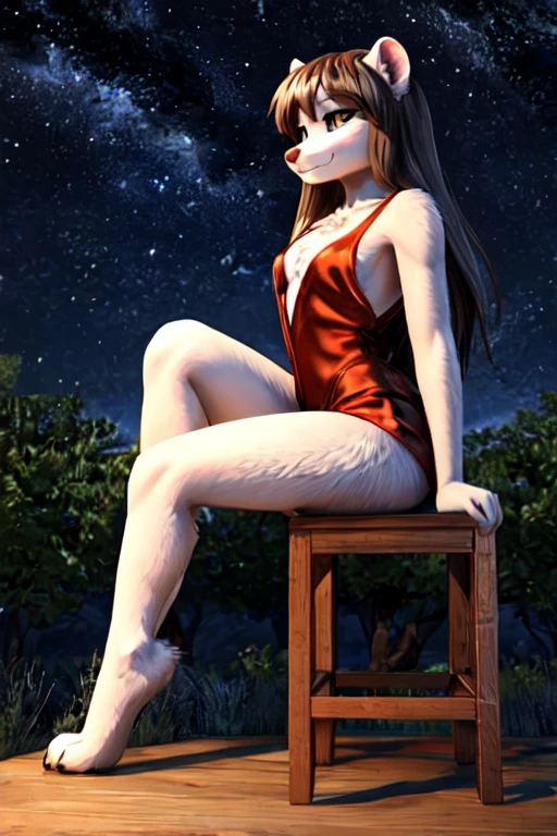 mink, sexy body, slim body, feminine, young, fluffy, Detailed fur, Cute, smile, furry, anthro, fur detailing, 3d, light erotica, Model, (flat chest, chest fluff, chest covered by fur), long hair, long tail, wearing a red silk romper, thigh strap, side view, sitting on a wooden chair, raised leg, digitigrade, tree, forest, night, starry night sky, leaning forward