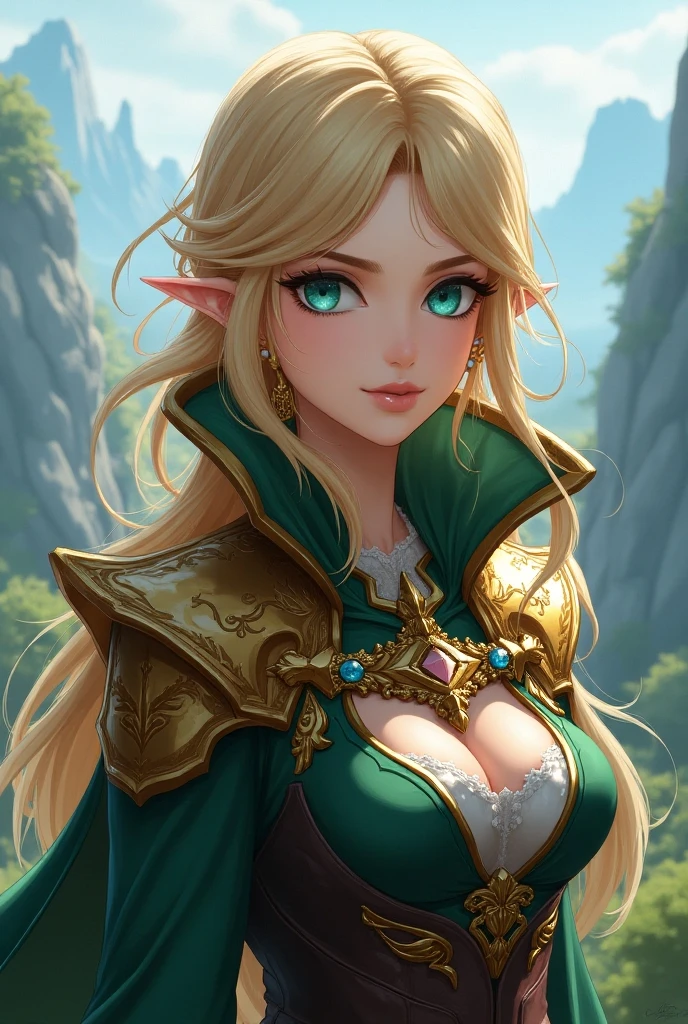 (Highest quality:1.2, Very detailed, up to date, Vibrant, Ultra-high resolution, High Contrast, masterpiece:1.2, Best aesthetics), (((1 person, beautiful girl))), Fantasy art, black leather armor, Breast Armor, Showing off cleavage, Blonde, Long Hair, Bangs flipped up to one side, Gentle smile, Beautiful eyelashes, Beautiful green eyes, sparkle, Black choker, Fairy Tribe, ((Elf Ears, Long ears)), Mysterious Forest, Chiaroscuro, Random Pause, Sexy pose.