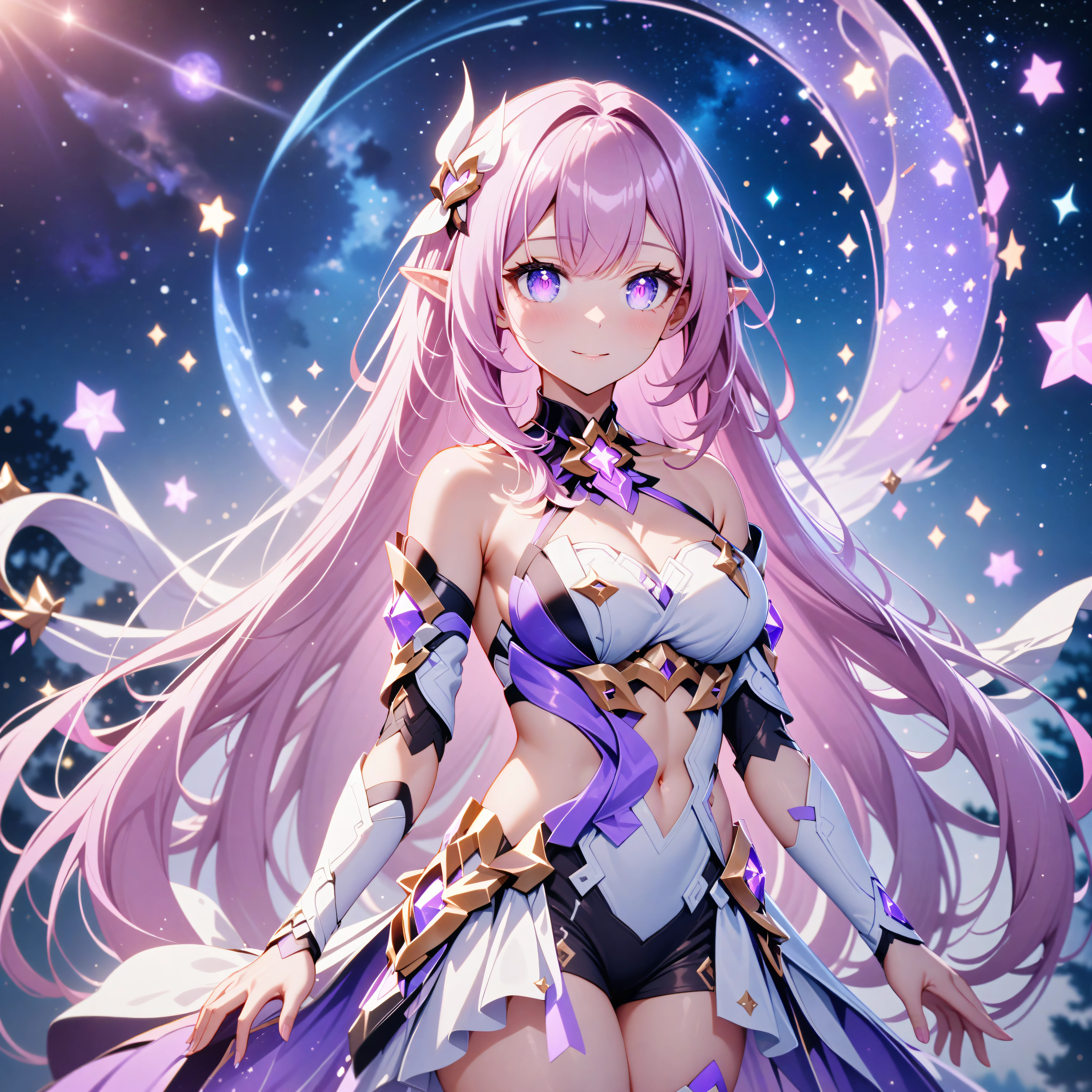 ai-generated,very aesthetic,1girl,elysia_/(herrscher_of_human:ego/)_/(honkai_impact/),pointed_ears,pink_hair,dreamy anime fantasy background,raytracing,light purple eyes,criin,mihoyo,kagaya studio,floating,light particles,dsmile,starry sky, shooting stars,celestial,intricate