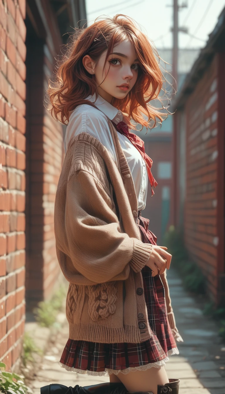 (high resolution,,portrait)（Red Brick Warehouse）1girl(( little female ) （college long cardigan 、blouse、 high waisted tartan check skirt、Backpacks、Lace-up boots））