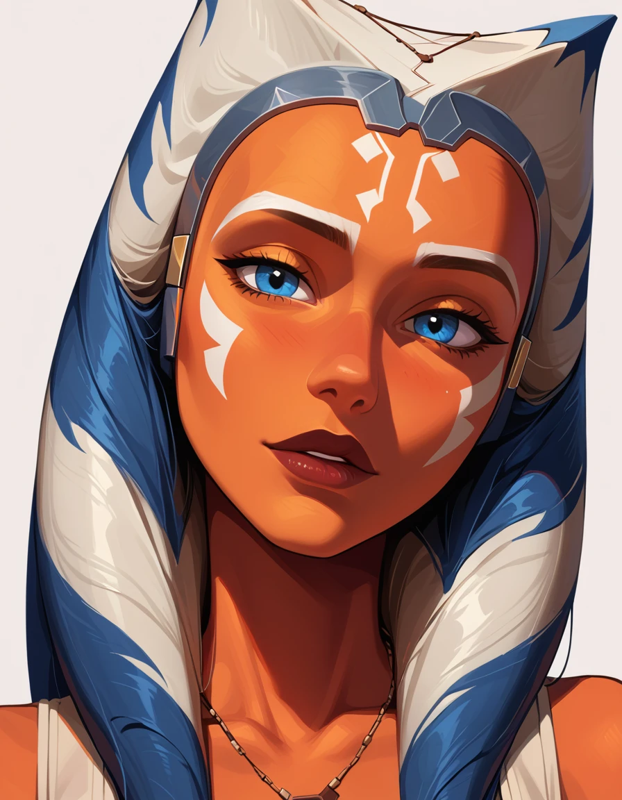 score_9, score_8_up, score_7_up, score_6_up, source_anime D-art, 1girl, solo, Ahsoka, togruta, orange skin, white and blue montral horn, white facial markings, jedi, medium montral, rubbery montral, wearing (blouse:1.3), flirt, gaze, sexy look, head tilt, expressiveh d4rk01l, perfect hands, perfect proportions, simple background, (face portrait, close-up shot:1.2).