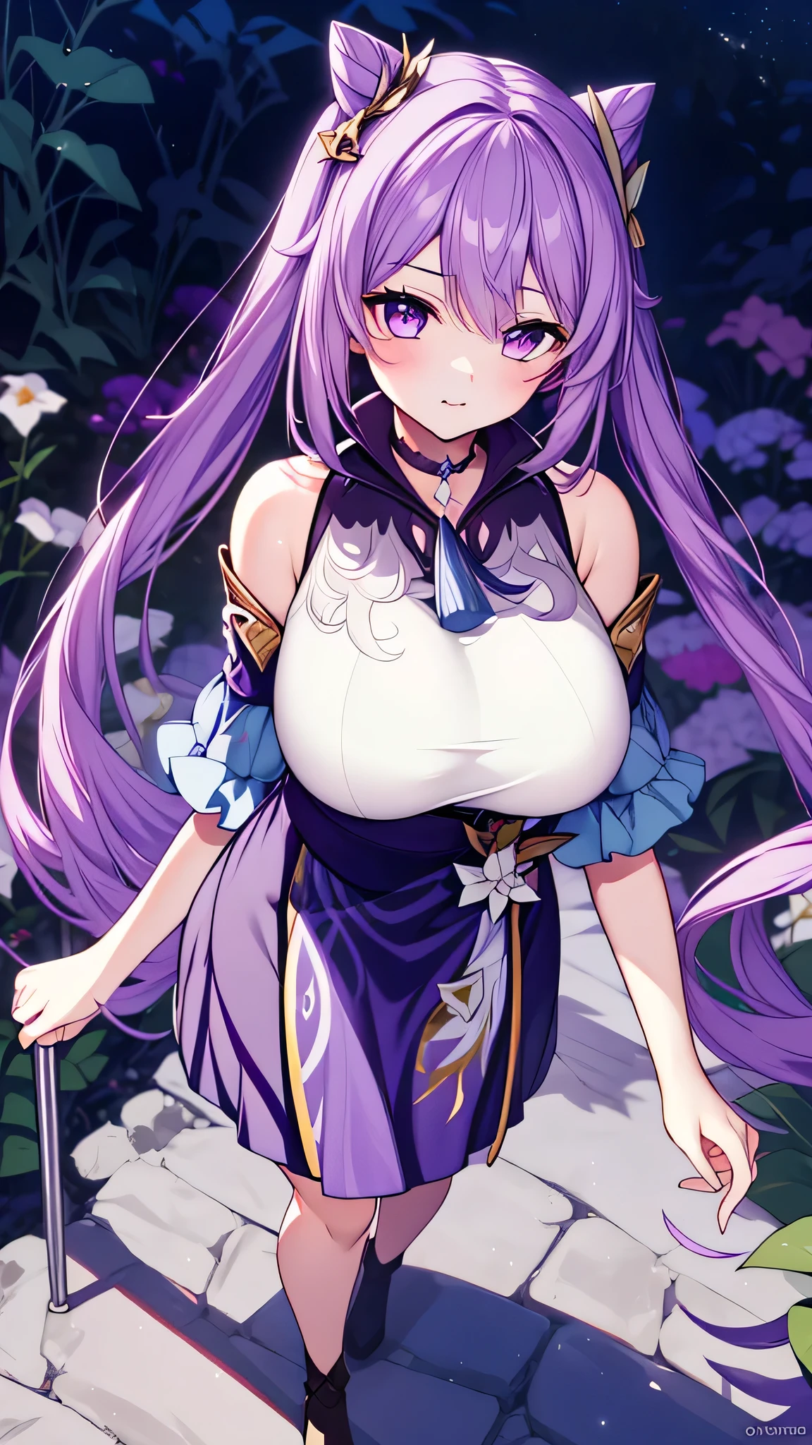 KeqingGenshin_NDV, 1girl, purple hair, large breasts, long hair, twintail, purple eyes, pantyhose, cone hair bun, double bun, (Beautiful,Huge_Breasts:1.3),
BREAK
, 1girl, solo, Standing in the garden, full body, full figure,
BREAK
, Garden,
BREAK
, choker, short skirt, detached sleeves, frills,
BREAK
, official art, extremely detailed CG unity 8k wallpaper, perfect lighting, Colorful, (best_quality:1.0), ultra high res,4K, ultra-detailed, 8K, HDR, high resolution,  absurdres:1.2, film grain, blurry background, (vibrant_color:1.2), (beautiful_face:1.5), (narrow waist),