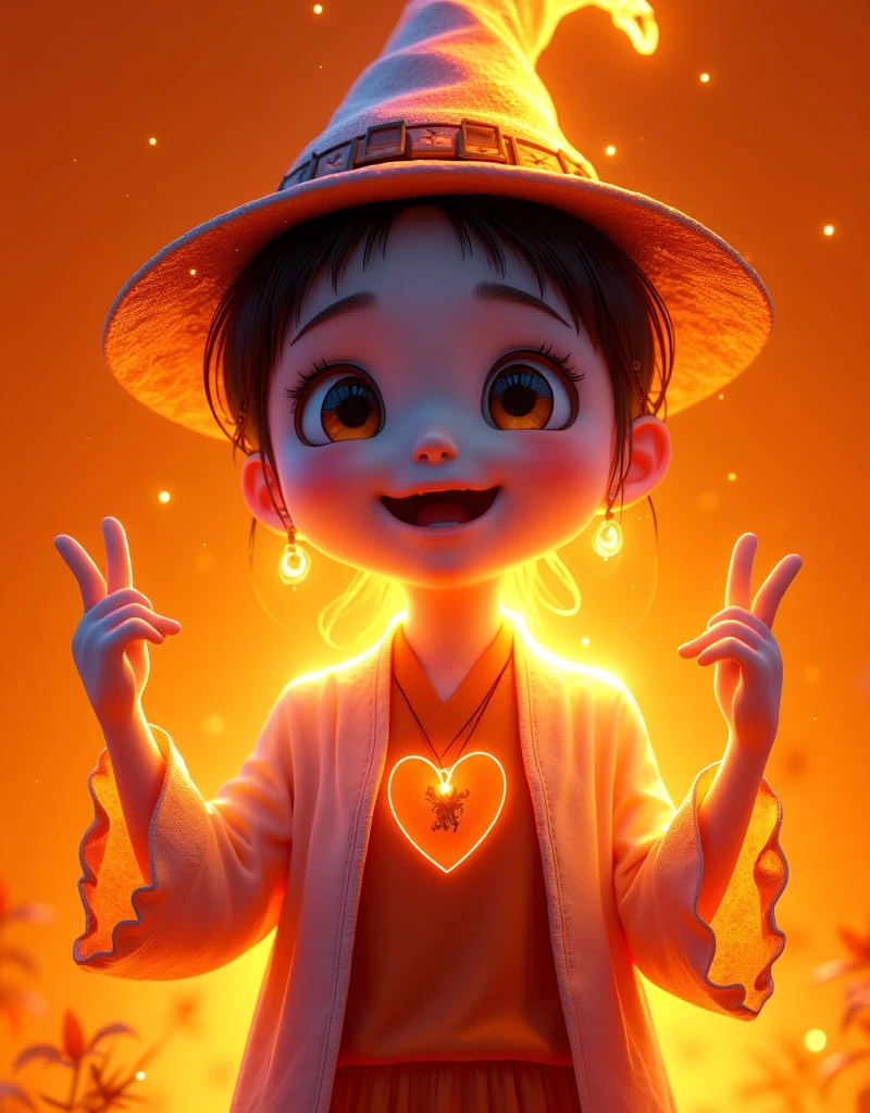 Cartoon，万圣节Cartoon鬼戴着女巫帽， makes a heart gesture with your hands isolated on an orange background,  happy Halloween concept , Thermal Imaging ， neon light silhouette ，(Fire feeling )，(Thermal Imaging 特效:1.5)，detail，Sense of atmosphere，Light Sensitivity，Luminescence，Light and Shadow, Fresh and natural, fairy tale, color, Abstract composition, 奇幻的Cartoon,Dreamy emotions, Beautiful fantasy art, Ethereal fantasy,  very beautiful fantasy art , Digital Art Fantasy,  enchanting and otherworldly , Fantasy Beauty, Volumetric Light, Natural soft light, C4D rendering, super high detail, color鲜艳, Bright, RGB, color斑斓), (High contrast:1.5), (whole body:1.8), Magazine Photography,  popular on social platforms , ((Dopamineism)), (((Dopamine color matching))), Facing the screen, Dopamine color, High Saturation,  High Contrast,  High Definition , Dopamine, (in the style of Y2K), Luo Erchun, Three-dimensional ancient style, Oriental Poetry and Painting, (Ultra-fine:1.2, Out of Focus:1.2, color鲜艳, Movie Lighting, Chiaroscuro, Ray Tracing,  Surrealism , masterpiece, ccurate, Anatomically correct, Textured Skin, 超级detail, 8k), 3d, 8k, UHD [Vision:1.0] [Wide Angle:1.0]