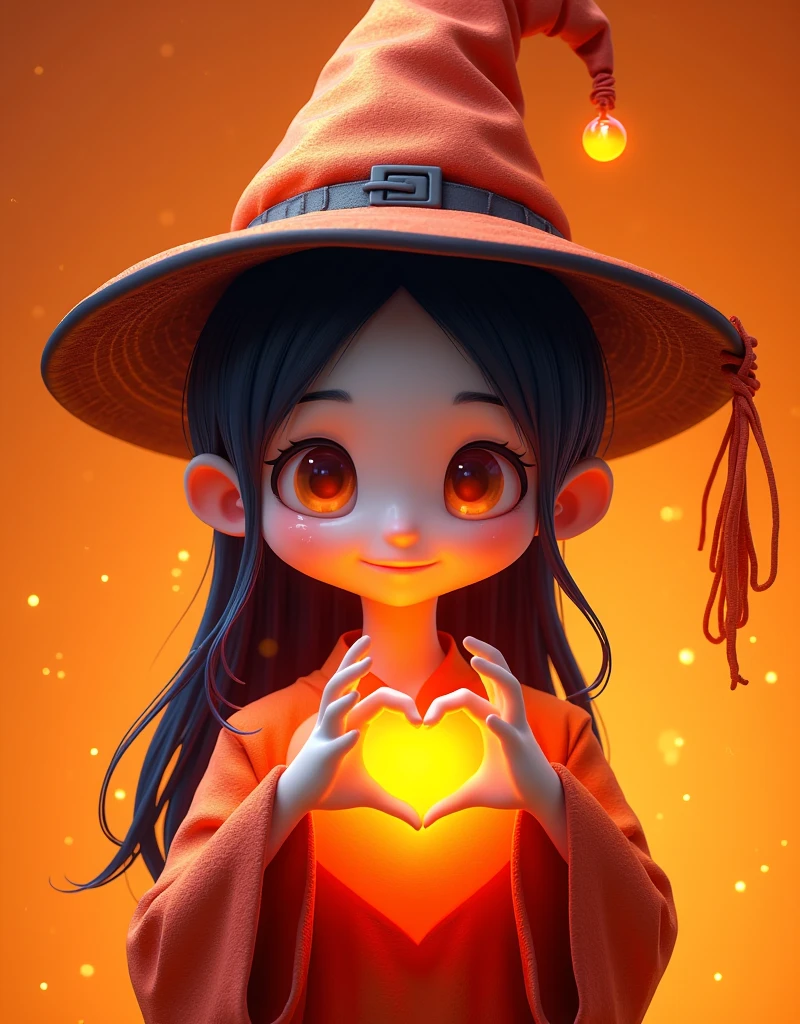 Cartoon，万圣节Cartoon鬼戴着女巫帽， makes a heart gesture with your hands isolated on an orange background,  happy Halloween concept , Thermal Imaging ， neon light silhouette ，(Fire feeling )，(Thermal Imaging 特效:1.5)，detail，Sense of atmosphere，Light Sensitivity，Luminescence，Light and Shadow, Fresh and natural, fairy tale, color, Abstract composition, 奇幻的Cartoon,Dreamy emotions, Beautiful fantasy art, Ethereal fantasy,  very beautiful fantasy art , Digital Art Fantasy,  enchanting and otherworldly , Fantasy Beauty, Volumetric Light, Natural soft light, C4D rendering, super high detail, color鲜艳, Bright, RGB, color斑斓), (High contrast:1.5), (whole body:1.8), Magazine Photography,  popular on social platforms , ((Dopamineism)), (((Dopamine color matching))), Facing the screen, Dopamine color, High Saturation,  High Contrast,  High Definition , Dopamine, (in the style of Y2K), Luo Erchun, Three-dimensional ancient style, Oriental Poetry and Painting, (Ultra-fine:1.2, Out of Focus:1.2, color鲜艳, Movie Lighting, Chiaroscuro, Ray Tracing,  Surrealism , masterpiece, ccurate, Anatomically correct, Textured Skin, 超级detail, 8k), 3d, 8k, UHD [Vision:1.0] [Wide Angle:1.0]