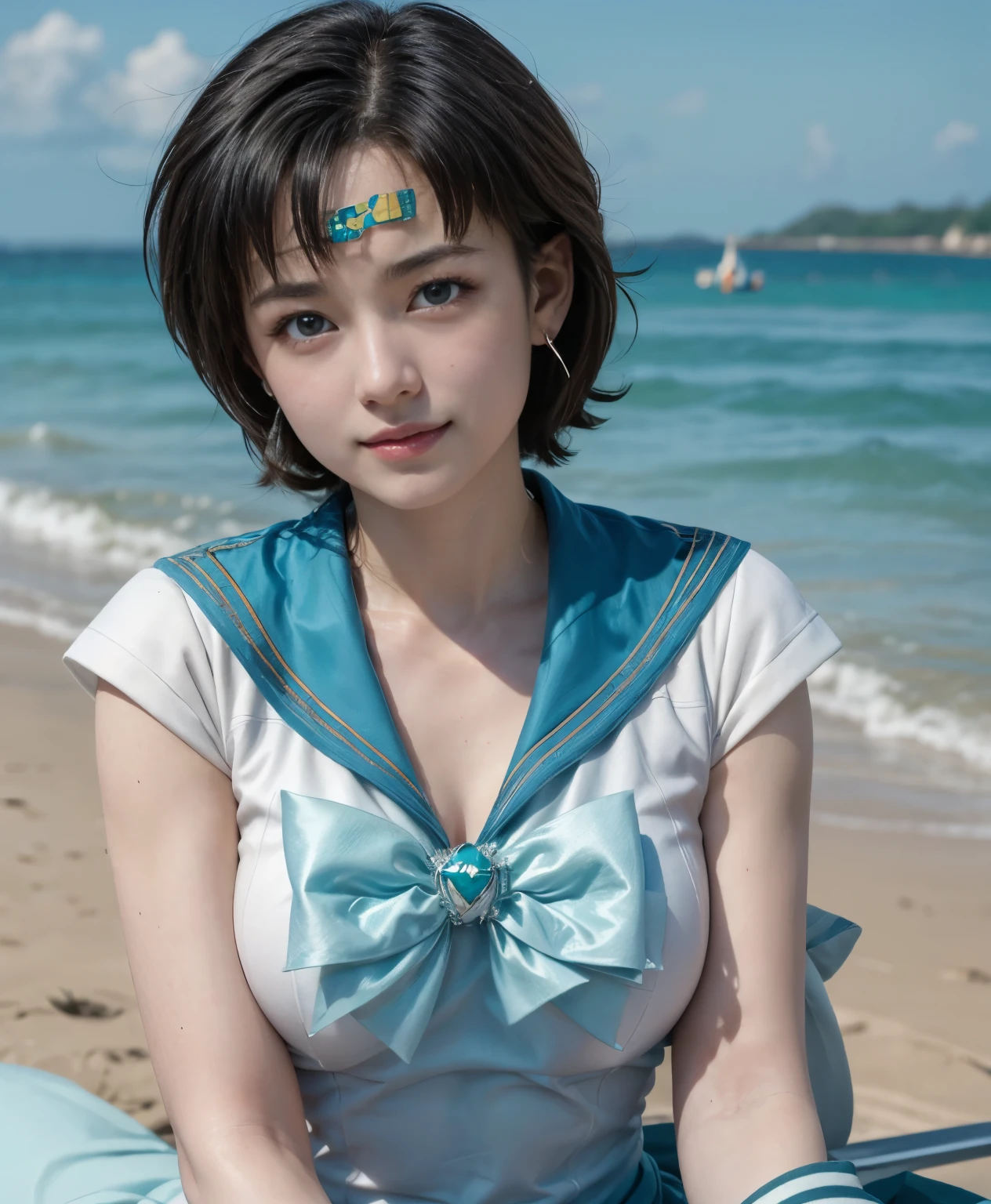 (highest quality:1.2),(perfect beautiful face:1.2),(perfect and beautiful posture:1.2),(japanese woman:1.1), On the beach in midsummer, smile, big breasts, thick muscular body,Ultra-high precision photos,clear eyes, ((sailor_mercury
:1.3)),close up of chest