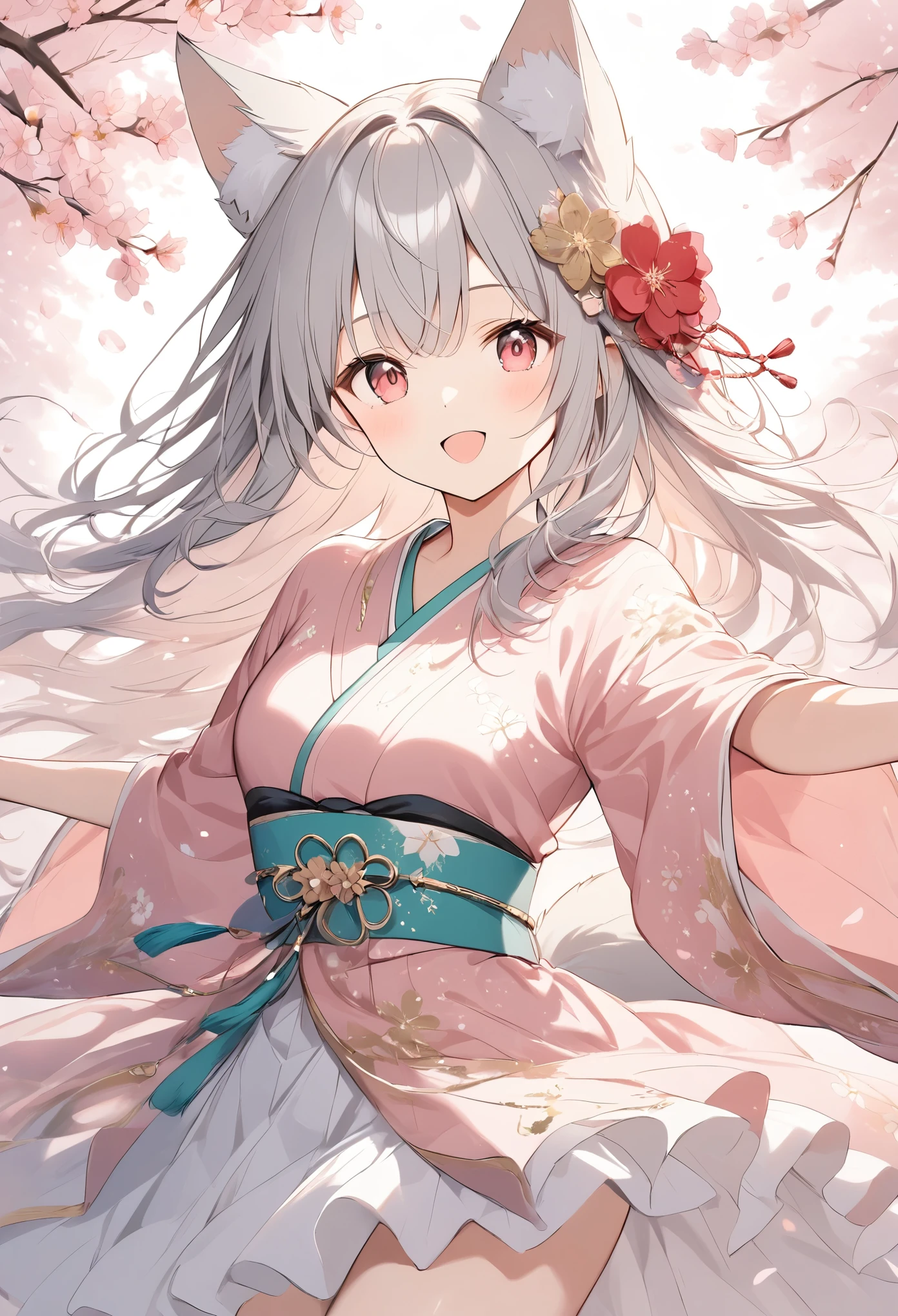 Light line drawing、Light color、White Fox Girl、Gray Hair、 Smooth Long Hair 、Fox Ears、 Fox's Fluffy Tail 、Ruby eyes、Slanted Eyes、cute、 White and Pink Luxurious Kimono、Fluttering Ornaments 、Under the cherry tree、Cherry Blossom Snowstorm、Beautiful work,Dance brilliantly with open arms