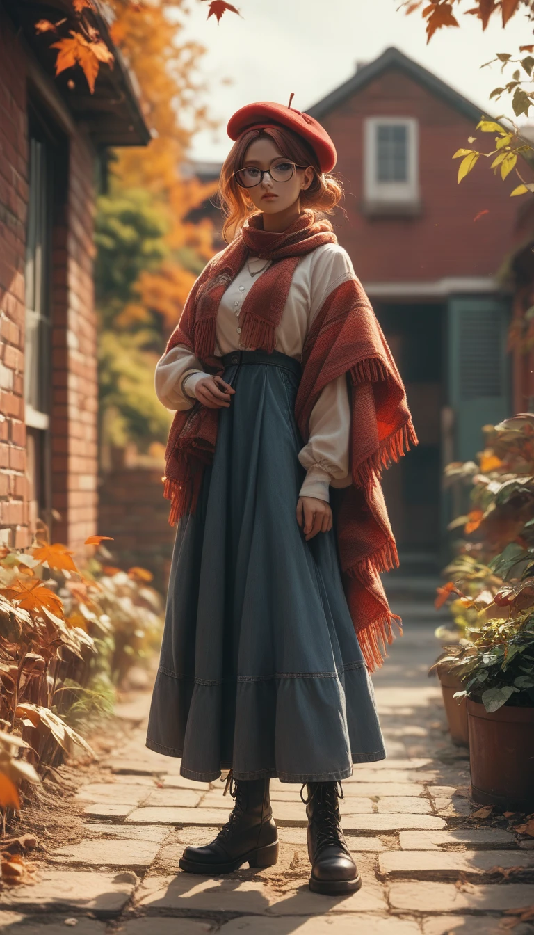 (high resolution,,portrait)（Red Brick Warehouse）1girl(( little female ) （Glasses,onyx cross Pierce）（Beret、 Cotton Country Dress、Autumn Long Skirt 、shawl、Shoot boots））