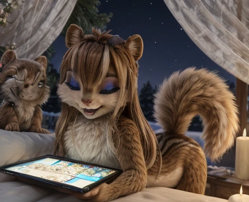 Brittany_Miller, One, chipmunk, fluffy, , feminine,young ,fur detailing, 3d Model,  in lace underwear, bright outfit , lying on the sofa,  reads the pages on the tablet ,  looks at the tablet ,drinks wine, candles,  romantic setting, think about the sky ,  sexy body , 18+, intimateная обстанвка, first person,light erotica, Model,  small round chest ,tail sticking out  , fluffy,  full white background (a little bit full:0.3), Cute, (small ears), (short muzzle),  long slanting bangs ,  long hair with the back on a bun,grey-blue eyes, eye makeup  , eyes closed , beautiful eyes, intimate,кружевное розовое intimateное платье , detailed fur, perfect teeth,slightly flirty , Beautiful Look,  outrage 