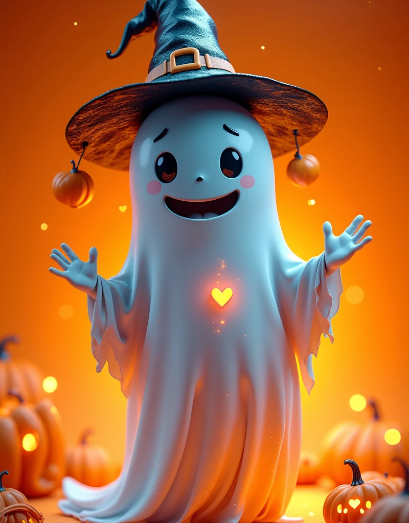 Cartoon Halloween ghost wearing a witch hat, making a heart gesture with its hands while quarantined against an orange background, concept of Happy Halloween, thermal imaging, neon light outline, (burning sensation), (thermal imaging effect: 1.5), detail, atmosphere, light, luminescence, light and shadow, fresh and natural, fairytale, colorful, abstract composition, fantasy cartoon, dreamlike emotion, exquisite fantasy art, ethereal fantasy, very beautiful fantasy art, digital art fantasy, enchanting and otherworldly, beauty of fantasy, volumetric lighting, natural soft light, 3D, C4D rendering, super high detail, vibrant colors, bright, RGB, colorful, (High contrast: 1.5), (full body: 1.8), magazine photography, trending on social media, dopamine, dopamine color palette, facing the screen, dopamine colors, high saturation, high contrast, high definition, Dopamine, (in the style of Y2K), Raoul Dufy, 3D ancient style, oriental poetry and painting, (ultra-detailed: 1.2, defocused: 1.2, vibrant colors, cinemat