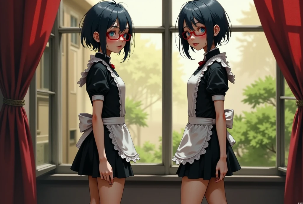 ( 1 girl, Alone, Alone), (Risa Wakatsuki, Salad Uchiha, Black Hair , short hair,  black eyes, Red glasses), ((Alone, (1 Female,  pink lipstick ,  black eyes), Extremely detailed , Soft Ambient Lighting, 4K,  perfect eyes,  perfect face,  perfect lighting, The first girl)), (( fitness , , Slender body,  Athletic Body ,  Tight body )) , ((Maid uniform, Black clothes, Lift up the skirt, Show your pants, Maid uniform, Background window, Look at the sky, Shrubs, Red Curtain, shy,  garter belt on the background stage, cloud,  lace panties))
Three-dimensional view of a woman、Naked and beautiful skin、Very soft looking skin、 clear eyes 、 (( character design sheet_front:side:back))、、Like a clown 、((Arms outstretched)) 



