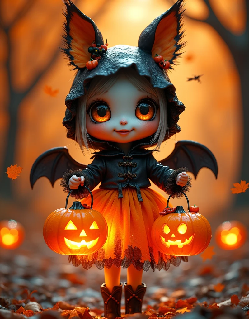  Stunning Halloween costume ，A whimsical creature ，Has bright colors、 Delicate details and playful patterns ， Big expressive eyes ， Decorated with spooky accessories such as bat wings and pumpkin-shaped motifs， Use glowing pumpkin lanterns to create a festive atmosphere and fallen leaves ，Concept Art， Bright orange and black color scheme ， dramatic lighting 