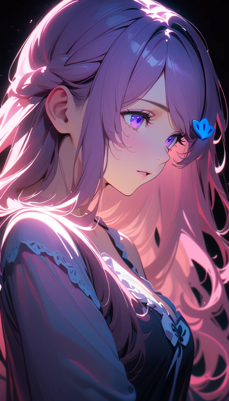 masterpiece, top quality, super detailed, 8k, detailed lighting, detailed shadows, (real:1.2), 1 girl, beautiful nightgown, purple eyes, moderate breast, narmaya, portrait, cinematic, dramatic lighting, vibrant colors, fantasy, ethereal, elegant, mystical,half body