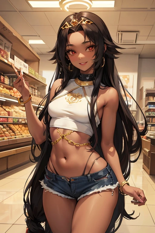 NSFW, dark skin, 1girl, official anime art illustration, gilded jeweled circlet, long black and red dreadlocks, brown eyes, (tall plump dark-skinned Haitian girl inside grocery store bakery aisle), small breasts, sheer tight detailed red crop top, short ripped tight jean shorts, thick thighs, playing with hair, wink and smile expression, perfectly photorealistic, incredibly detailed, 8k, UHD, masterpiece, best quality, ultra detailed, intricate,