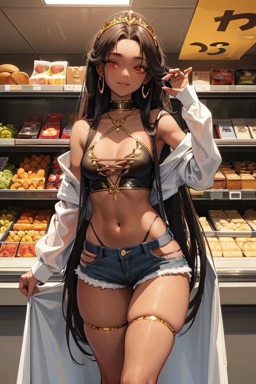 NSFW, dark skin, 1girl, official anime art illustration, gilded jeweled circlet, long black and red dreadlocks, brown eyes, (tall plump dark-skinned Haitian girl inside grocery store bakery aisle), small breasts, sheer tight detailed red crop top, short ripped tight jean shorts, thick thighs, playing with hair, wink and smile expression, perfectly photorealistic, incredibly detailed, 8k, UHD, masterpiece, best quality, ultra detailed, intricate,