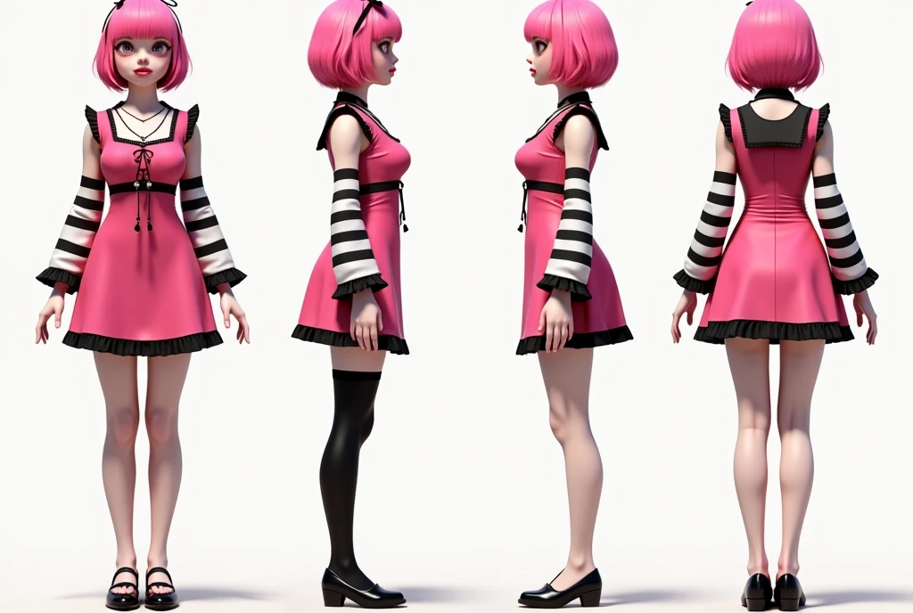 Three-dimensional view of a  girl、 character design sheet、front、side、back、Completely naked、Same person,Live-action version、 hotpants,  1 girl, Alone, Have, Pink Hair,  pink dress , Black frills, short hair, Short bangs,  striped sleeve, Striped pants,  cowboy shot,  pink lipstick ,  plump lips , medium breasts, Pink Eyes
