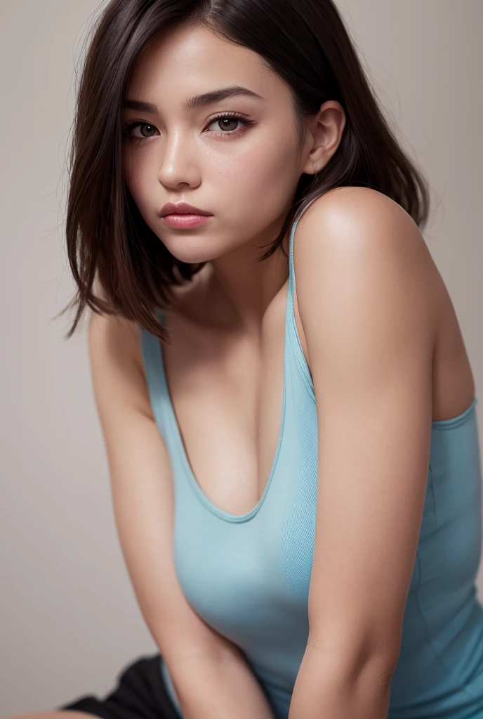 (masterpiece, highest quality:1.2), 8k, Absurd, (Upper Body:1.2), Violet, Gardenias, beautiful girl, (Pretty face, Detailed face:1.2), He is wearing a short tank top and an open-zipped hoodie.....,I can see your chest,Nice ass,Wear a New Era cap,View your viewers, Film Grain, chromatic aberration, Sharp focus, High resolution, Face Light, (Simple Background, Dull Blue Background:1.3)