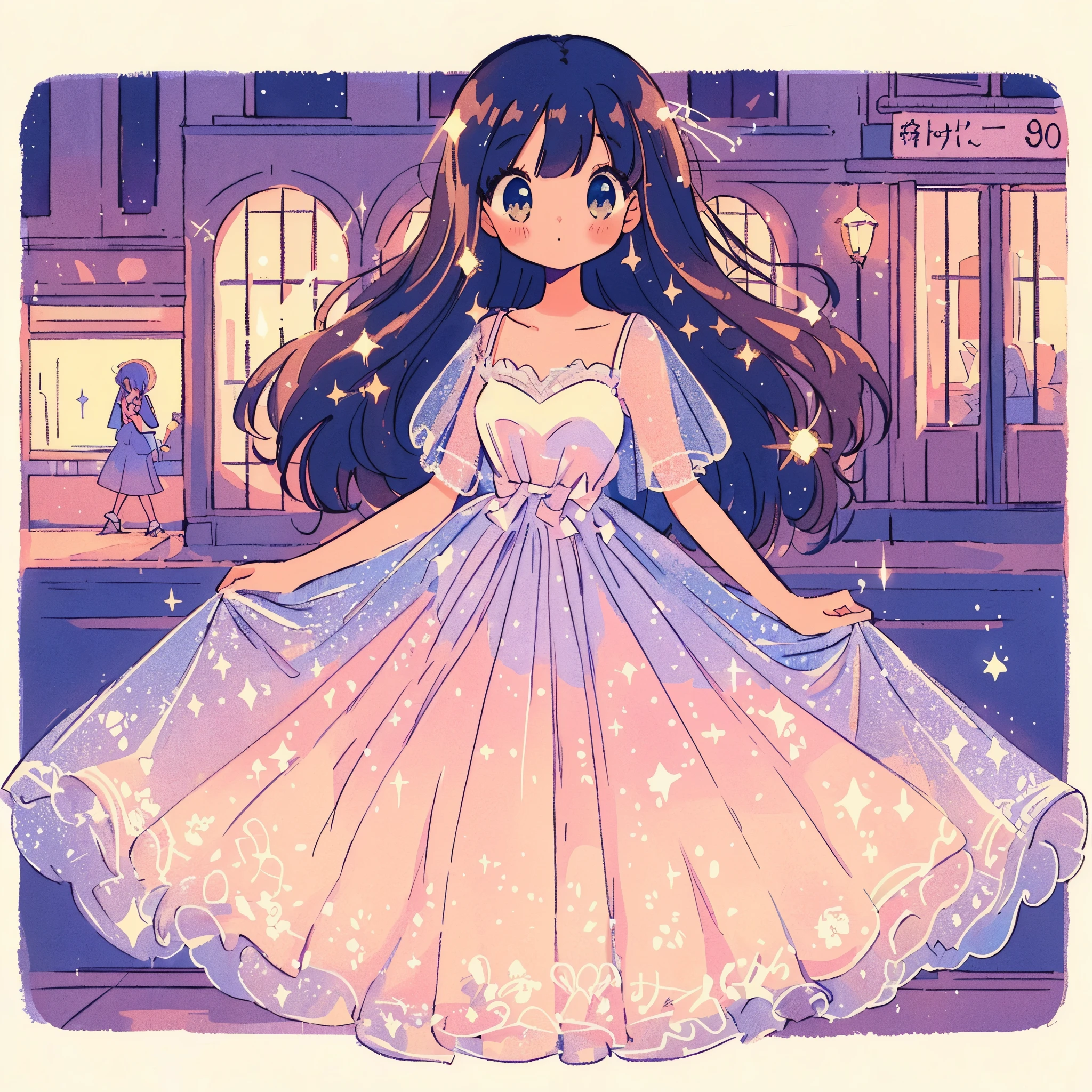 cartoon style, pretty girl, simple sundress, fluffy organza sundress, veiled sundress, extremely detailed, extremely pretty, sparkling dress, sparkling glowing threads in hair, splendid, gorgeous, scene, walk in the city, vintage anime style, retro anime, 90s anime style, dreamy illustration, anime artstyle, beautiful drawing style