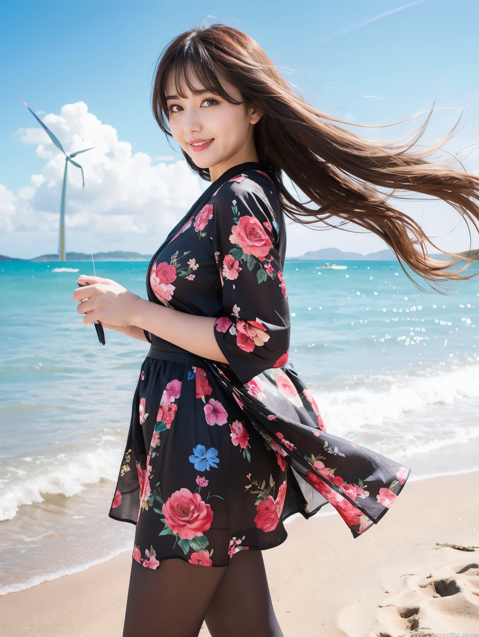 8k, Best Quality, masterpiece, Realistic, very detailed, photograph, High Resolution , RAWphotograph, High Resolution , absurd, Cinematic Light, Official Art, High Resolution , depth of boundary described,
Photograph the whole body, Plump Body , cute顔, smile, Beautiful details in the eyes, 29 year old,Japanese, cute, Brown messy hair,dress, Beach, (wind:1.8), Floral, Super Realistic Pantyhose :1.4, (((that'The depth of the boundary described by )))