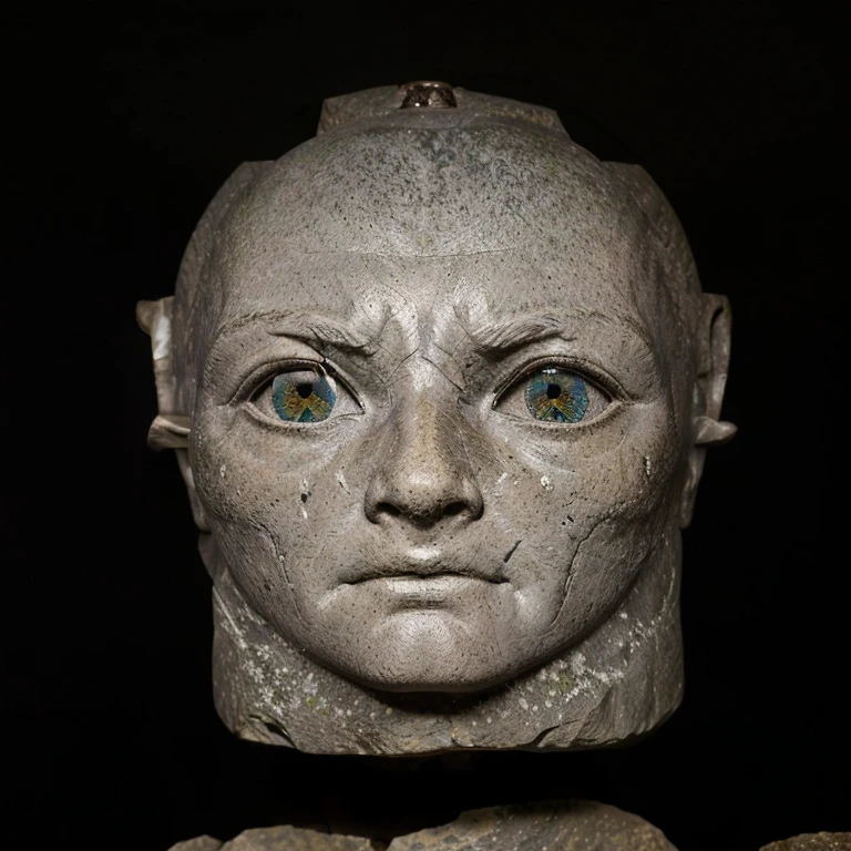 there is a stone head with a face made of stone, humanoid face, ancient alien head stone statues, large head, anthropomorphic humanoid, portrait of male humanoid, head and bust only, face shown, with symmetrical head and eyes, stone face, closeup of the face, well detailed head with led eyes, head slightly tilted, uncanny humanoid alien head, large eyes, grey alien