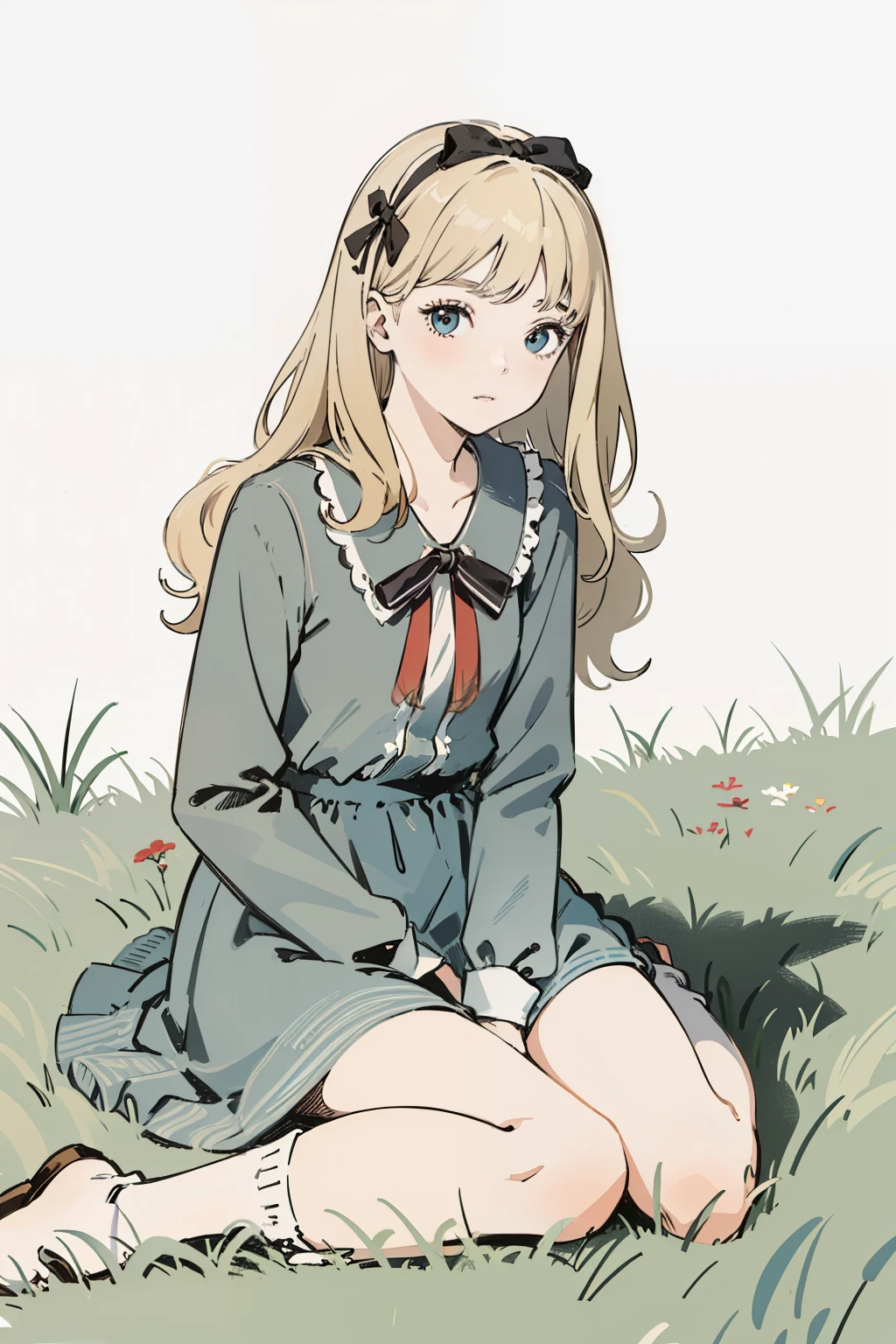 a Alice in Wonderland fashion girl, wavy blonde hair with ribbon, Sitting on the grass with knees slightly bent, full body shot, classic simple background, looking at camera,
