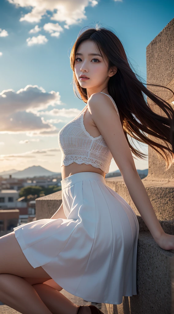 “A high-resolution, dynamic landscape scene from a bird’s-eye view, featuring a long-haired black-haired beauty sitting on the rooftop of a skyscraper, looking down. Her hair floats in the wind, and she is seen from behind. The scene captures a cityscape with tall buildings, under a vast sky with clouds and a sunset. The image should have detailed, movie-like lighting and colors.”
