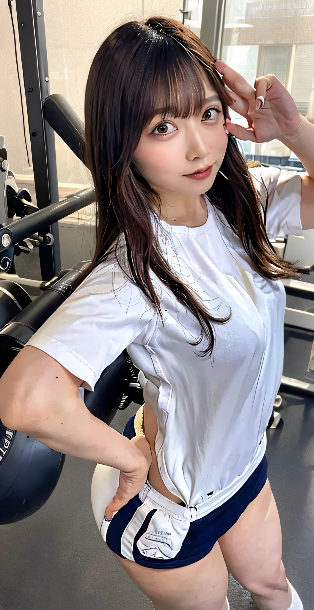 (8x_NMKD-Superscale_150000_G, 8k, best quality, high resolution, masterpiece), (((School gymnasium))), ((simple background)), (cowboy shot), (((sit on the floor, spread legs, arms behind back))), (1girl, 18 years old, smile), ((((gym panties, buruma, blue buruma, gym shirts, white t-shirts, gym uniform))))