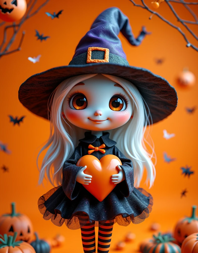  A cute naughty girl ， An unexpected Halloween costume ，Halloween ，Playful expression， Wearing a colorful witch costume ，Wearing a soft hat ， Beautifully detailed design，Cheerful smile， Surrounded by playful decorations such as pumpkins and nets， bright color ，Soft and warm lighting， Fun and festive atmosphere 