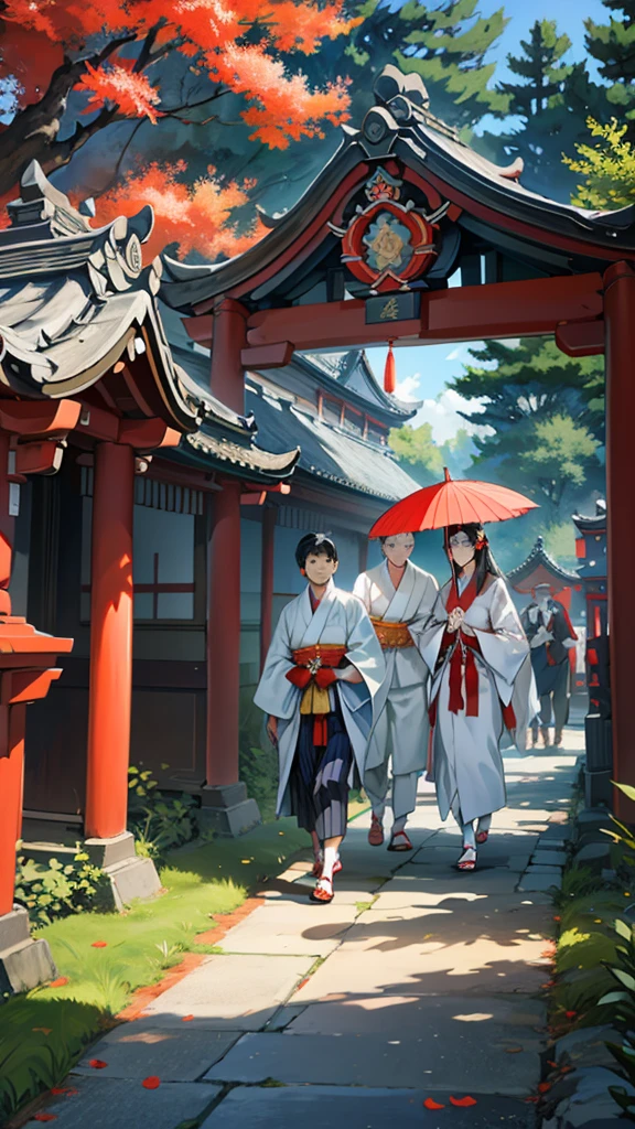 A traditional Japanese wedding procession held at a large shrine. In this scene, a group of participants, led by a priest in ceremonial attire, walk in a line through a vast rock garden. The bride and groom are fully attired, the bride in a plain white kimono, the groom in a black kimono with striped hakama, followed behind by their family and guests, some of whom are dressed in traditional kimonos. The large red umbrellas held by the participants create a striking contrast against the blue sky. The shrine's impressive wooden gates and the surrounding trees provide a solemn and serene backdrop, and the soft sunlight filtering through the clouds creates a peaceful yet solemn atmosphere. Fine details, beautiful faces