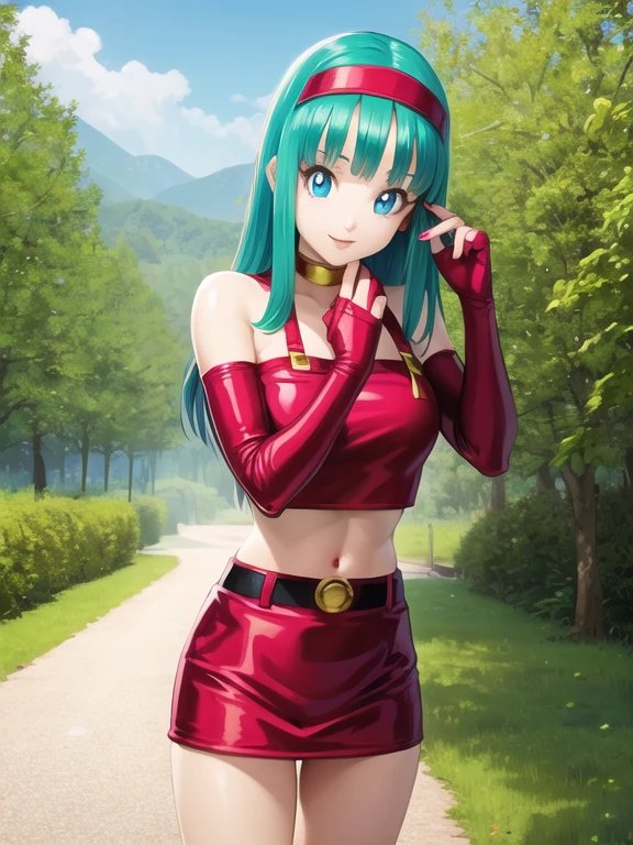 masterpiece, best quality, highest quality, photorealistic, perfect anatomy, perfect face, perfect eyes,
aqua hair, brabulladbgt, red hairband, red gloves, red crop top,  blue eyes, skirt, hoop earrings, choker, 1girl, outdoors, sexy pose, (( no panties))