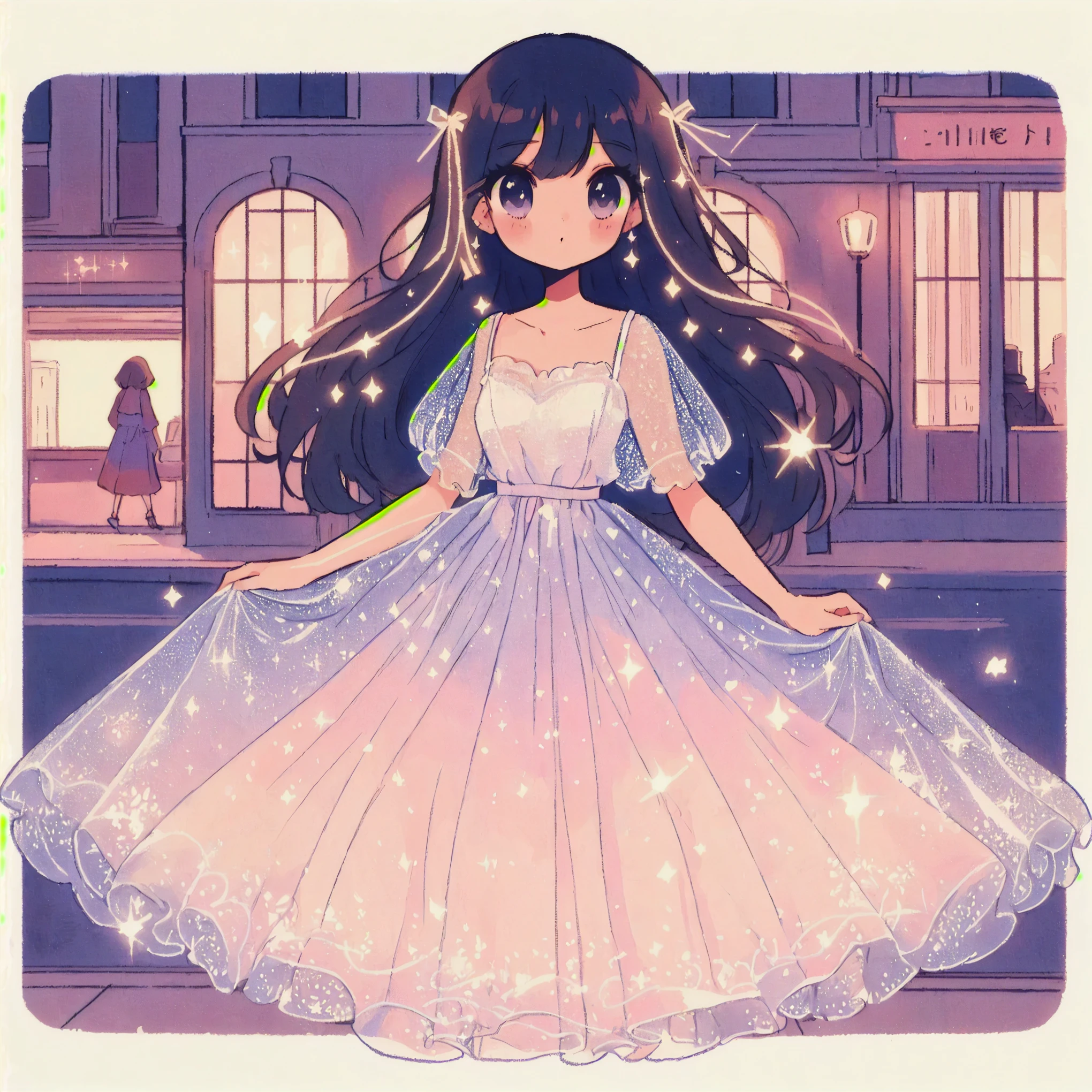 cartoon style, pretty girl, simple sundress, fluffy organza sundress, veiled sundress, extremely detailed, extremely pretty, sparkling dress, sparkling glowing threads in hair, splendid, gorgeous, scene, walk in the city, vintage anime style, retro anime, 90s anime style, dreamy illustration, anime artstyle, beautiful drawing style