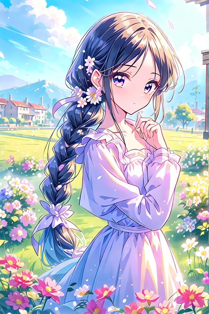 masutepiece, Best Quality,Illustration, Wallpaper, Ultra Detail, Absurd beauty, 1 beautiful girl,  (Semi-long hair, short braided hair), Beautiful ultra-detailed eyes, Hair fluttering in the wind, Keep your head small, flower field, great outdoors, Landscape of the flower garden