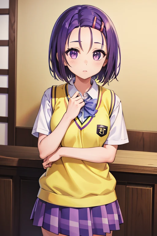 Haruna Sairenji, girl、 one girl 、Hair Accessories, Hair Clip, (Purple eyes:1.1), Purple Hair, short hair, Swept-apart bangs, (forehead:1.2), white shirt, Sweater vest, (Yellow vest:1.1), Short sleeve, Checkered skirt, Green Skirt, Short sleeve,Best Quality,