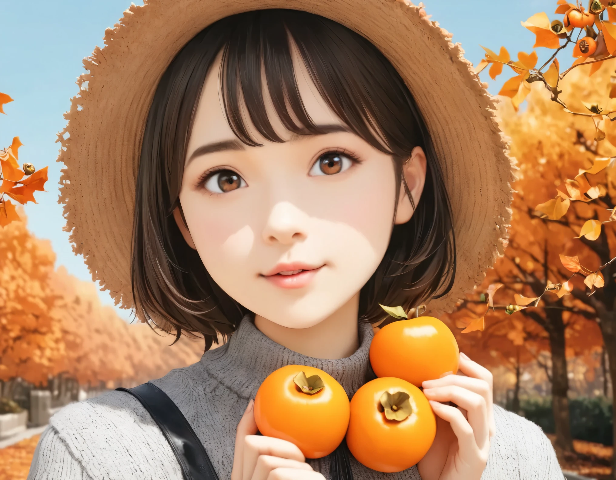 (best quality, 8k, high resolution:1.2), 1girl, persimmon, autumn, upper body