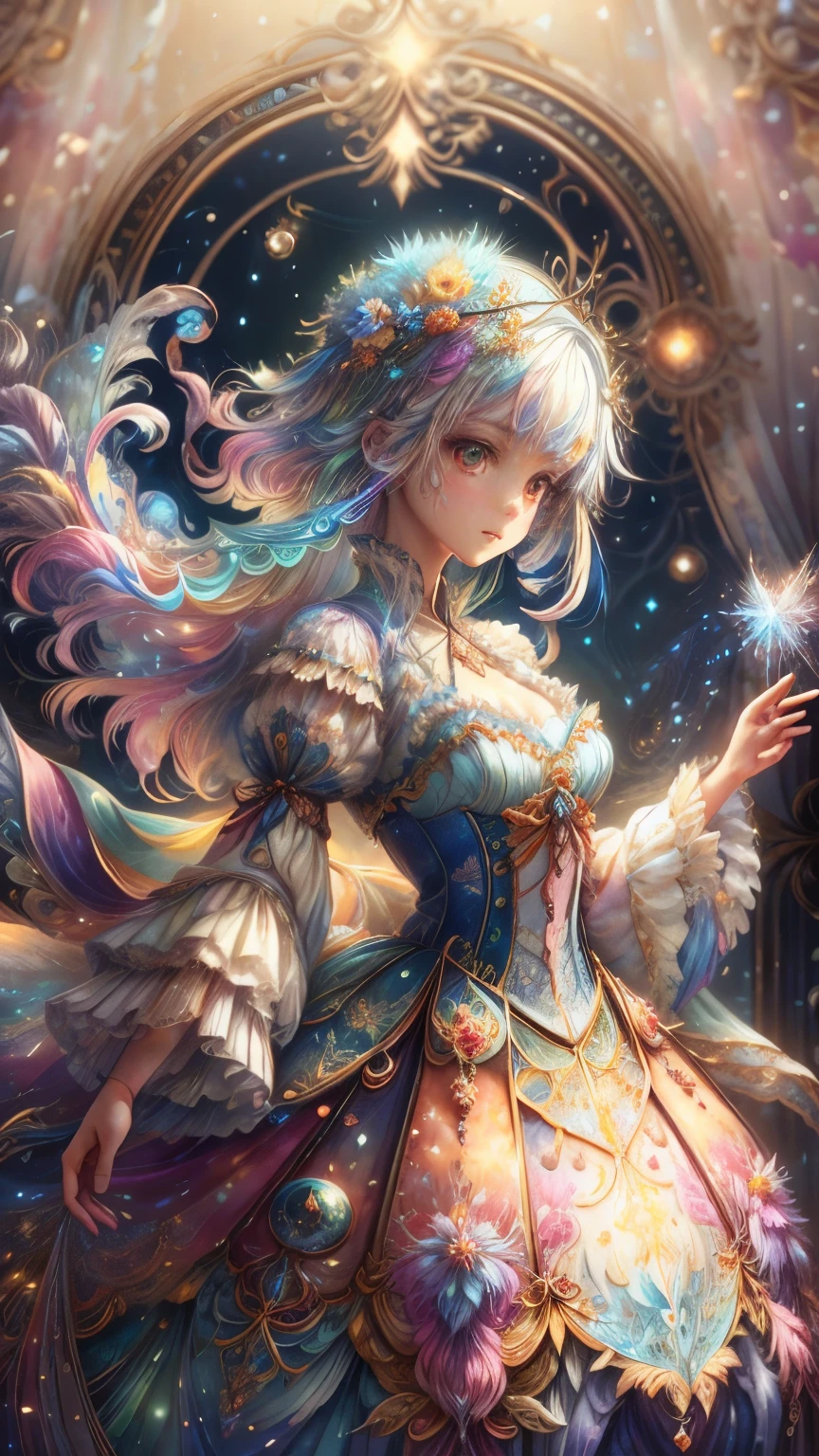 A captivating anime girl gracefully emerges from the watercolor page, Her vibrant and intricate colors bring her work to life.. She wears extraordinary fantasy costumes,Decorated with delicate details, It reflects the fascinating world she lives in.. Illuminant, Like shining crystals and mysterious threads, Surrounding her, Soft Cast, Light from Another World. Watercolor style、Gives your images fluidity and delicacy。, 。. Camera shot: Medium Shot, Camera Lens: soft focus , illumination: Illuminate, Watercolor brush strokes,