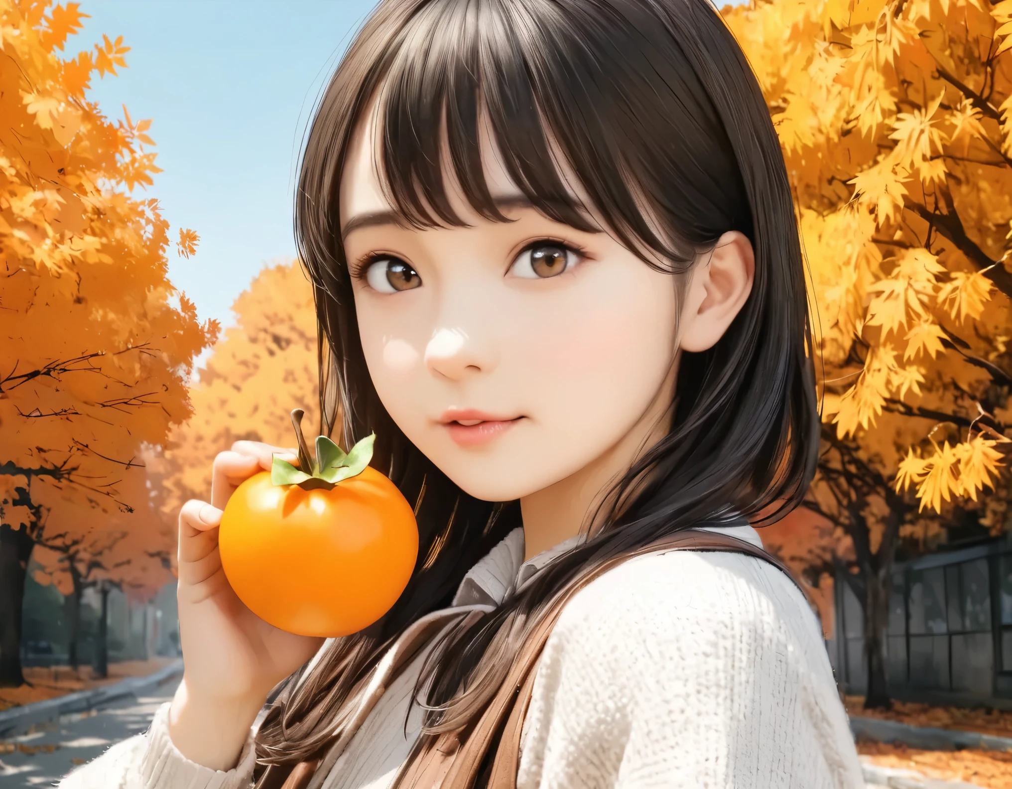(best quality, 8k, high resolution:1.2), 1girl, persimmon, autumn, upper body