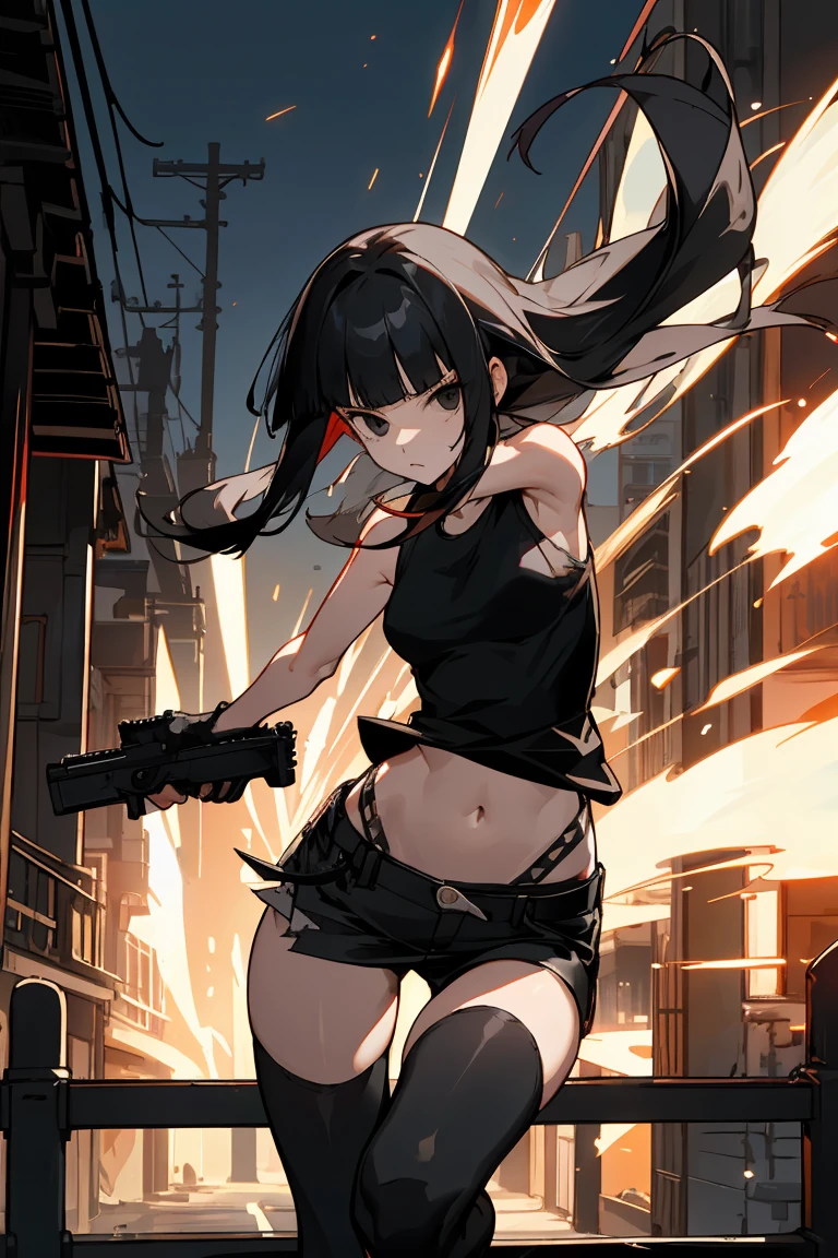 1woman,solo,Perfect Anatomy,20year old beauty、black hair,long  hair,blunt  bangs,black eyes,slender body, smaller head、ideal ratio body proportions,medium breasts,punk rock fashion、fighting expression、Black tank top、Navel is visible、black leather micro miniskirt、thigh_gap, black_thighhighs,Run,shooting、Look into the sight、Holding a handgun、Holding a handgun in your hand、explosion from gun muzzle,precise and accurate handgun、Trade port、warehouses lined up、Warehouse district、Tokyo、at night、moonlight、