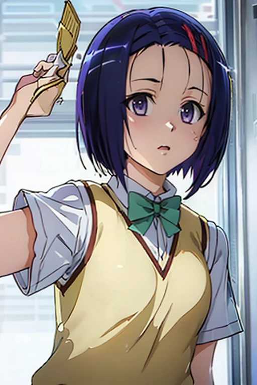 Haruna Sairenji, girl、 one girl 、Hair Accessories, Hair Clip, (Purple eyes:1.1), Purple Hair, short hair, Swept-apart bangs, (forehead:1.2), white shirt, Sweater vest, (Yellow vest:1.1), Short sleeve, Checkered skirt, Green Skirt, Short sleeve,Best Quality,