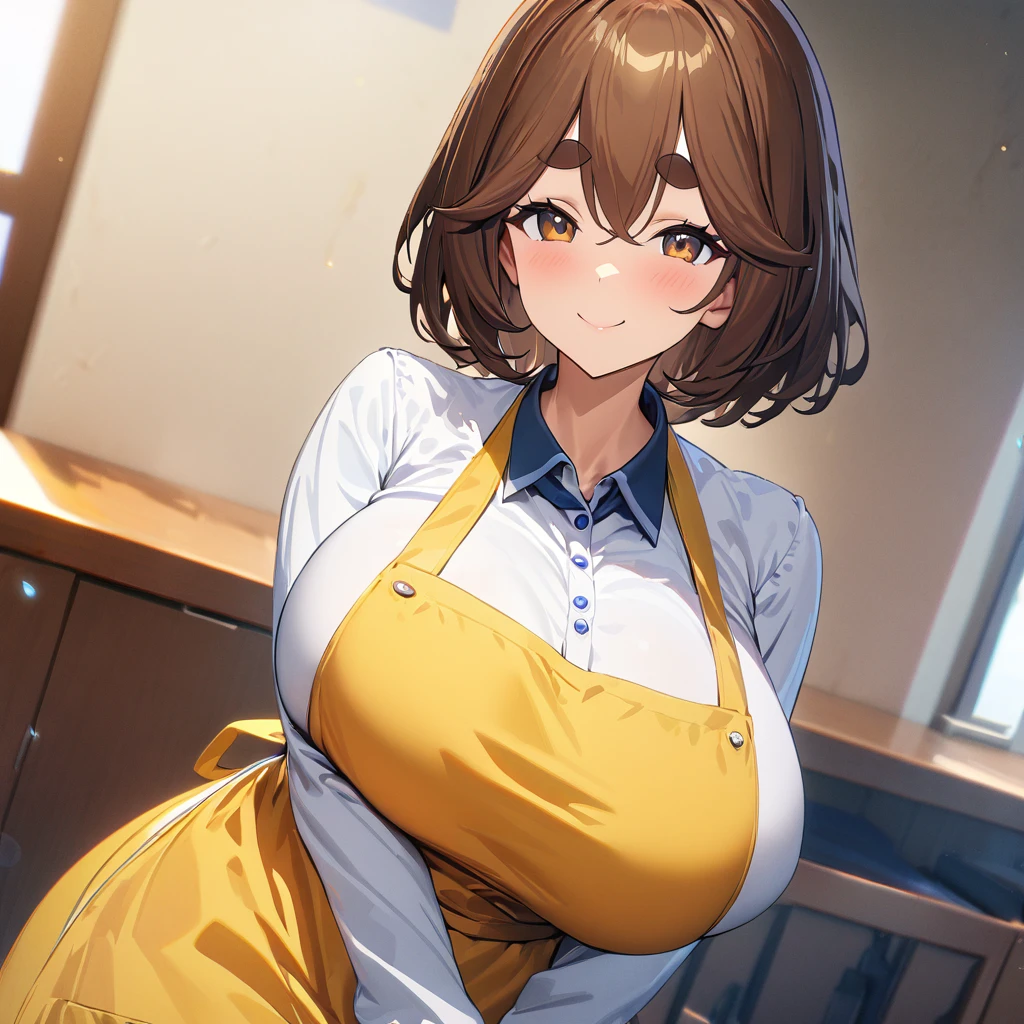 1girl,solo,brown hair color,short hair,brown eyes color,bushy eyebrows,Plain white garment with long sleeves and a layered yellow apron,mega huge breasts,smile,looking at viewer,in nursery school,UHD,High Resolution,master piece,Best Quality,High Quality,super Details