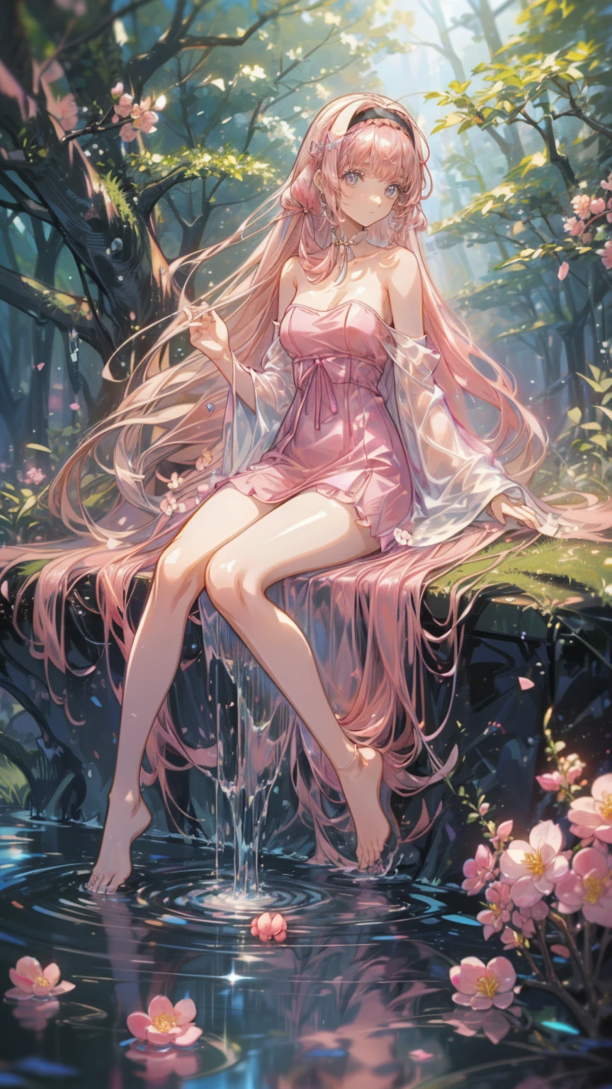 (pink strapless dress :1.5), 銀色の長いhair, black _ Hairbands, X-Shape _ eyebrow, Hairbands, poe _ hair, 前hair, Bare shoulders, Full Body Shot, black stockings, (Peach Blossom Forest:1.3)，Creek，barefoot，Soak your feet，
