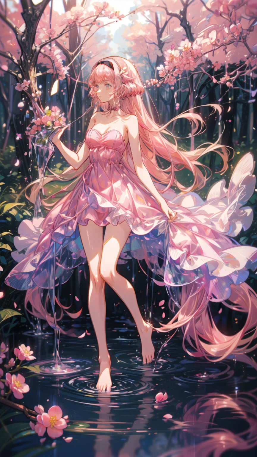 (pink strapless dress :1.5), 銀色の長いhair, black _ Hairbands, X-Shape _ eyebrow, Hairbands, poe _ hair, 前hair, Bare shoulders, Full Body Shot, black stockings, (Peach Blossom Forest:1.3)，Creek，barefoot，Soak your feet，
