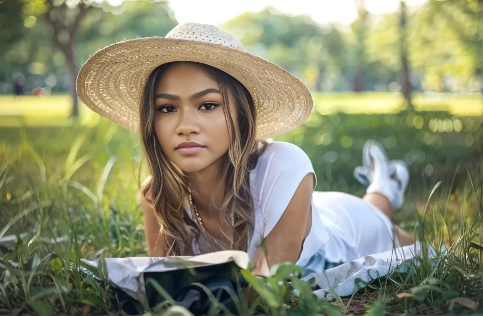 (zendaya:.4), (32k:1.5, Highest quality, masterpiece, Ultra-high resolution), Professional camera work:1.6, Highly detailed skin and face textures:1.3, Captivating portrait:1.2, Very accurate, Very detailed, 1 adult female, ((in the park:1.4)), Incredibly slim body, sense of loss, Sadness, Expressions of sadness,  Small face, (()), (medium shot), 