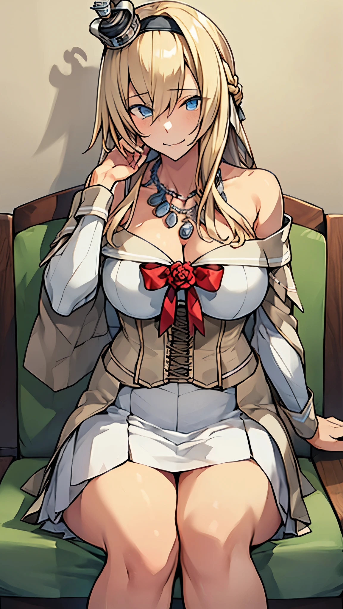 8k high resolution (Super detailed), masterpiece, (Best Quality), Detailed eyes, Detailed face　Detailed hands　Fine hair　 very elaborate body、Fine skin　 Precisely Carved Body and Hand　One Girl　 fleet this_Warspite　(WarSpiteOG ), Long Hair, Mini Crown, Hairbands,  off shoulder dress, ribbon, necklace, rose, Cleavage, corset, Long sleeve,  garter strap , Thighs, Black shoes　(Big Breasts)　 sitting on a chair 　Luxurious throne　Inside the palace　Looking down here　Proud look