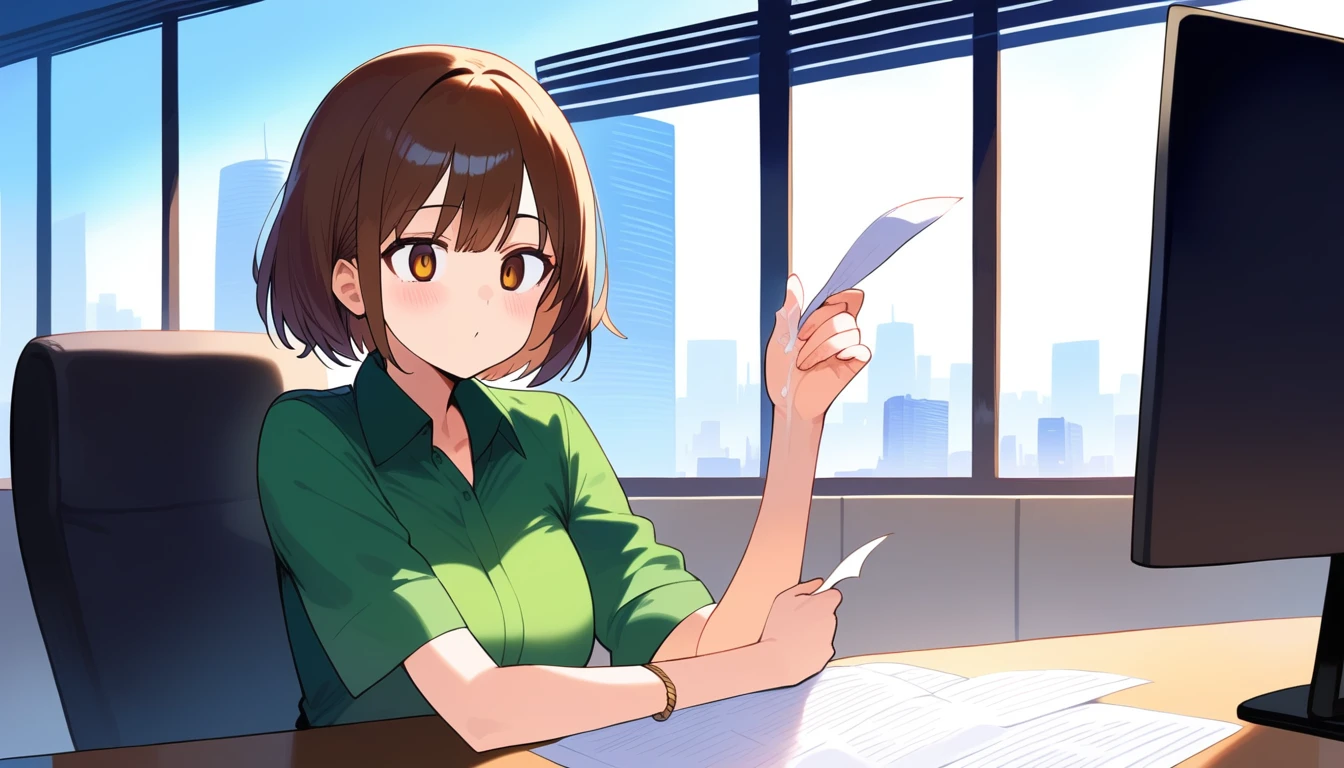 score_9, score_8_up, score_7_up, best quality, 1 lady, brown short hair, brown slant eyes, green polo shirt printed "AI" , paper on hand, look at paper, office, window, city,