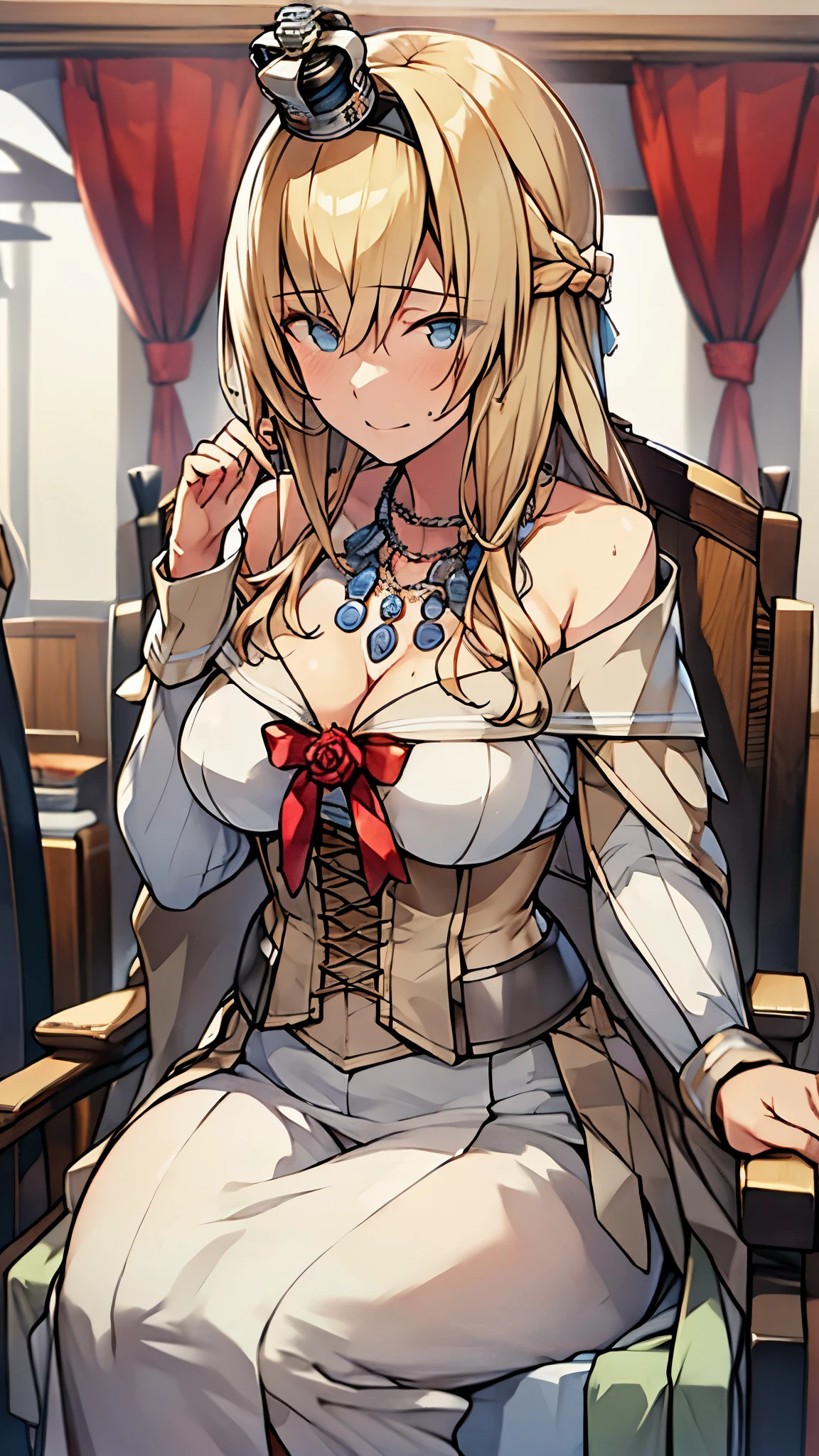 8k high resolution (Super detailed), masterpiece, (Best Quality), Detailed eyes, Detailed face　Detailed hands　Fine hair　 very elaborate body、Fine skin　 Precisely Carved Body and Hand　One Girl　 fleet this_Warspite　(WarSpiteOG ), Long Hair, Mini Crown, Hairbands,  off shoulder dress, ribbon, necklace, rose, Cleavage, corset, Long sleeve,  garter strap , Thighs, Black shoes　(Big Breasts)　 sitting on a chair 　Luxurious throne　Inside the palace　Looking down here　Proud look