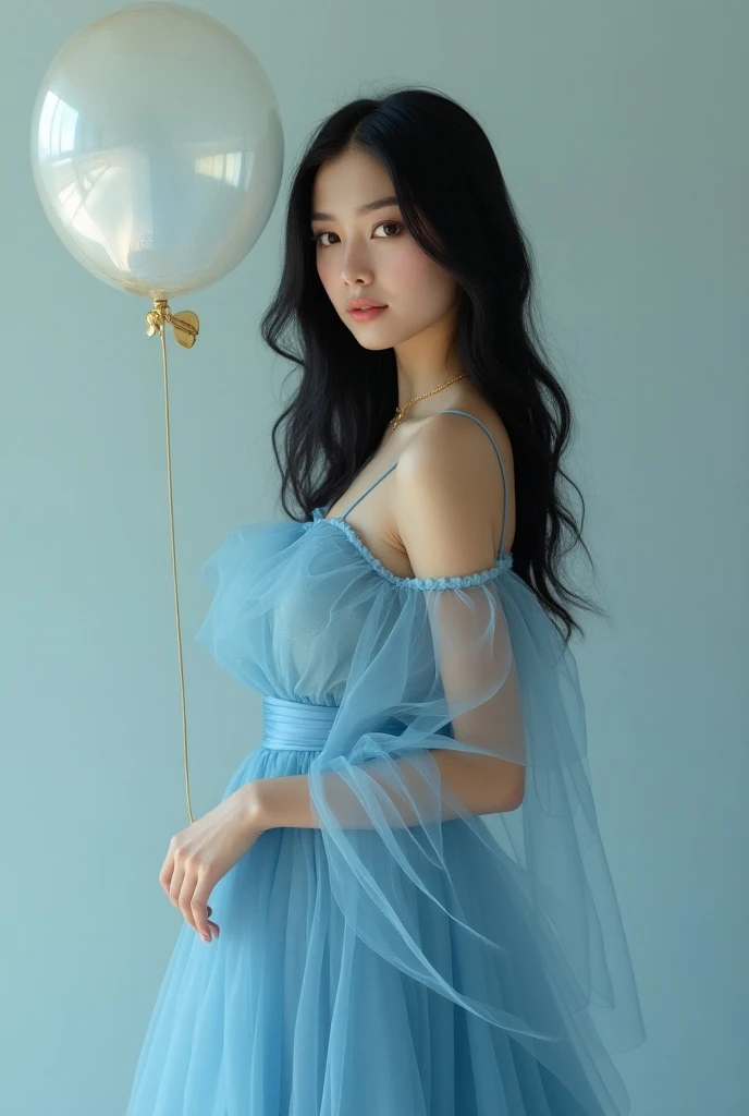 (Masterpiece:1.2),(CGI Art:1.3),(Realistic:1.5),(post-proces:1.3),(Sharp focus:1.3),8K,1 girl in bedroom, ((Upper body)), ((Translucent dress：1.3)), (((Shiny skin))), (Wide shot:1.4), window,  (((Pastel balloons MESS IN BACKGROUND))), (high shadows detail) , (illustration:1.2), (Ulzzang-6500:1.0), ((hdr)),